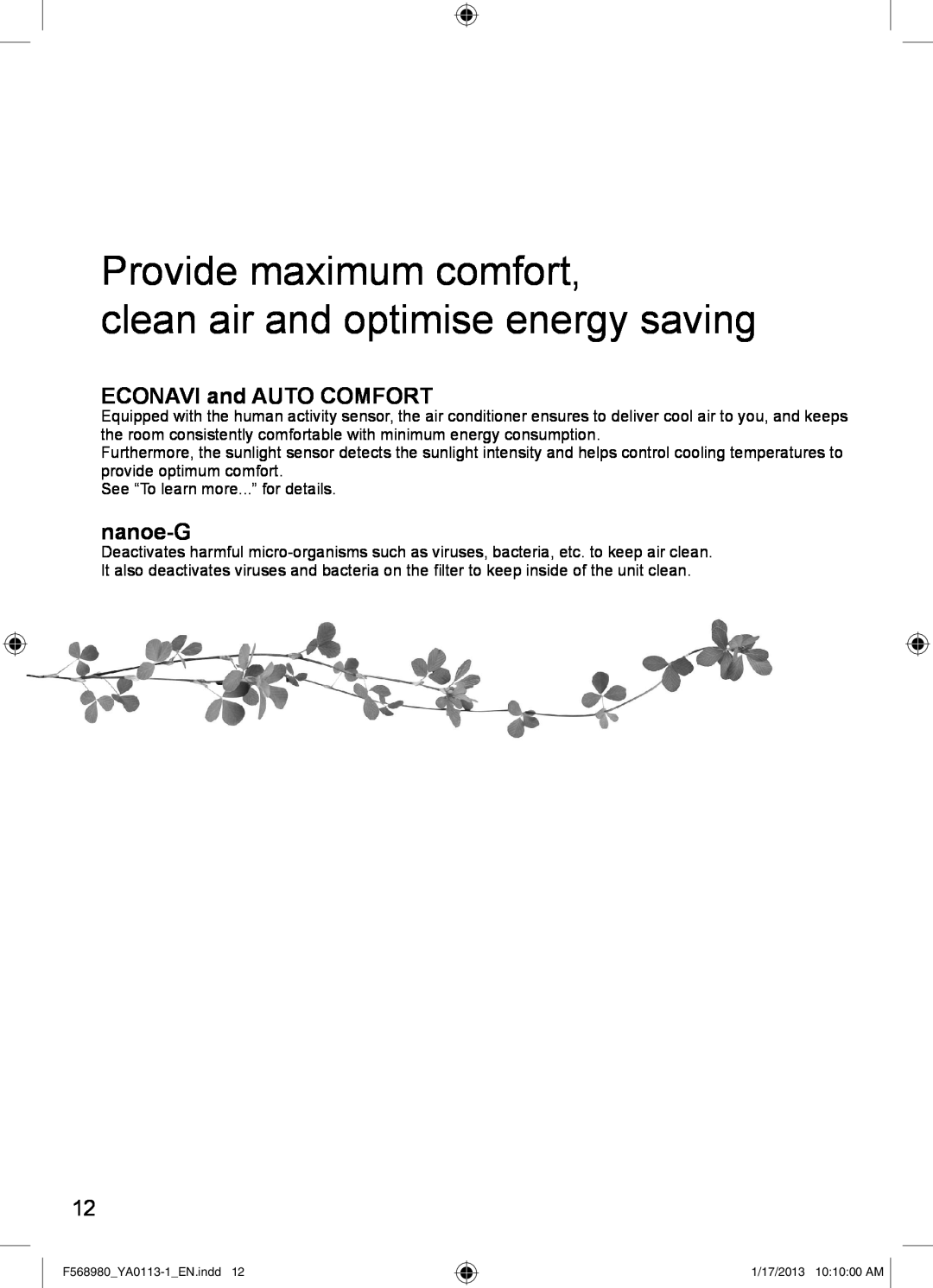 Panasonic CU-K18PKF Provide maximum comfort, clean air and optimise energy saving, ECONAVI and AUTO COMFORT, nanoe-G 