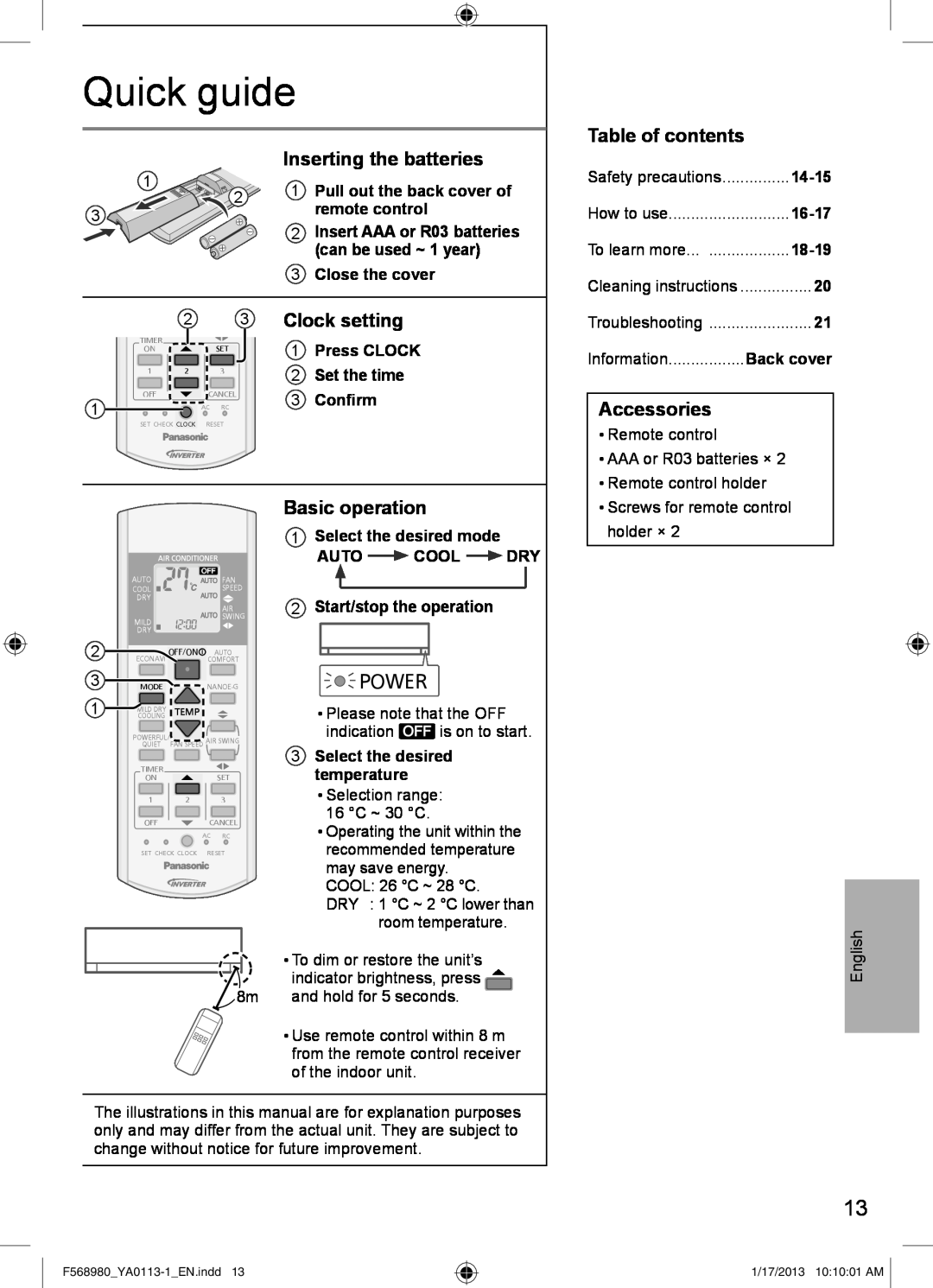Panasonic CU-K24PKF Quick guide, Inserting the batteries, Clock setting, Accessories, Basic operation, Table of contents 