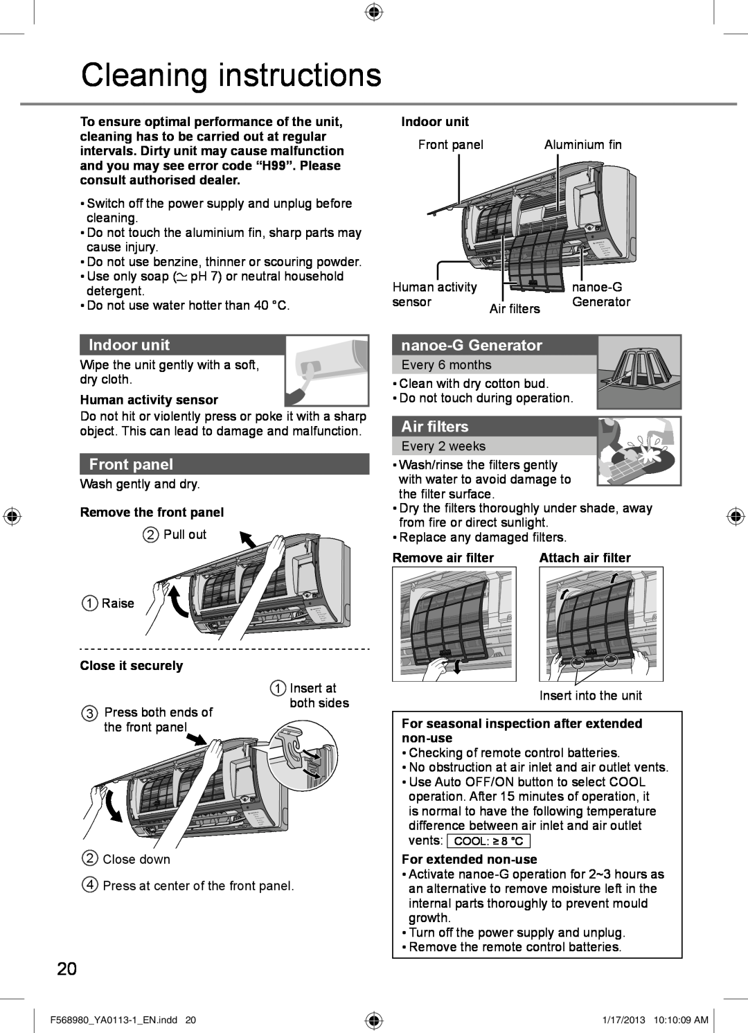 Panasonic CU-K18PKF Cleaning instructions, Indoor unit, nanoe-GGenerator, Air ﬁlters, Front panel, Human activity sensor 