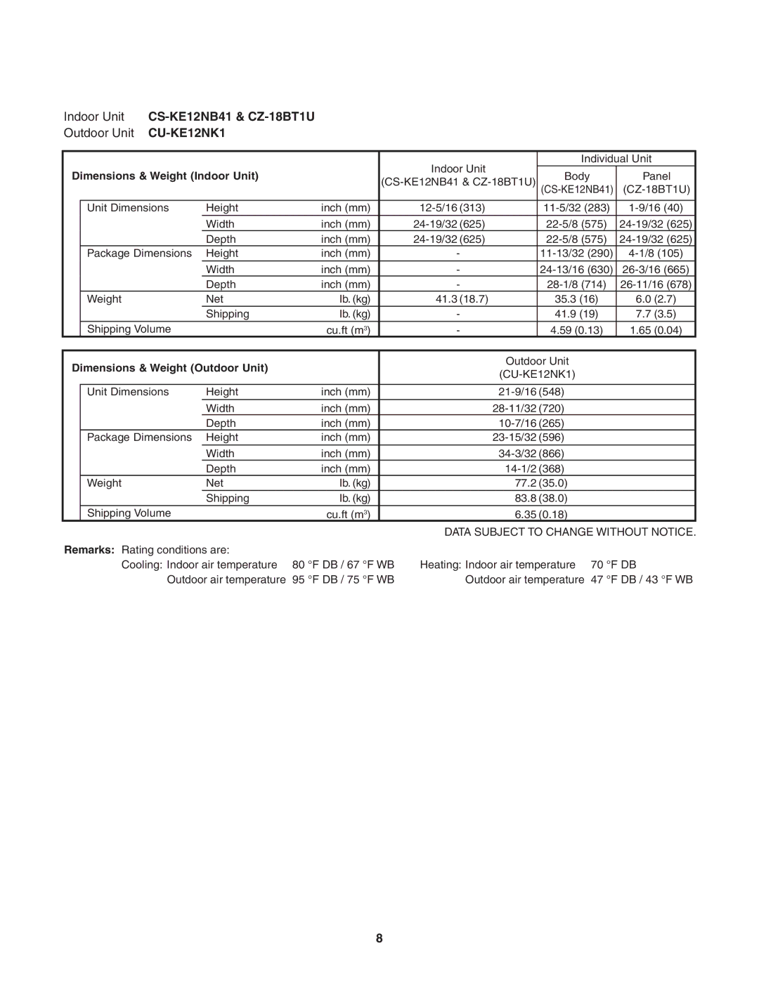 Panasonic CS-KE12NB41, CU-KE12NK1, CU-KE18NKU, CZ-18BT1U Dimensions & Weight Indoor Unit, Dimensions & Weight Outdoor Unit 