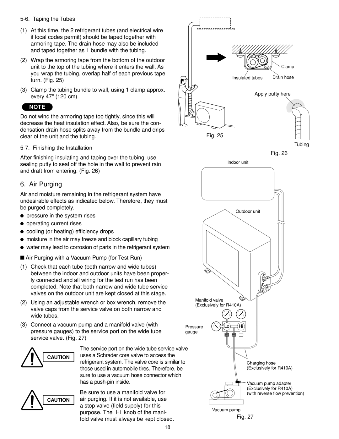 Panasonic CS-KE12NB41, CU-KE12NK1, CU-KE18NKU, CS-KE18NB4UW Air Purging, Taping the Tubes, Finishing the Installation 