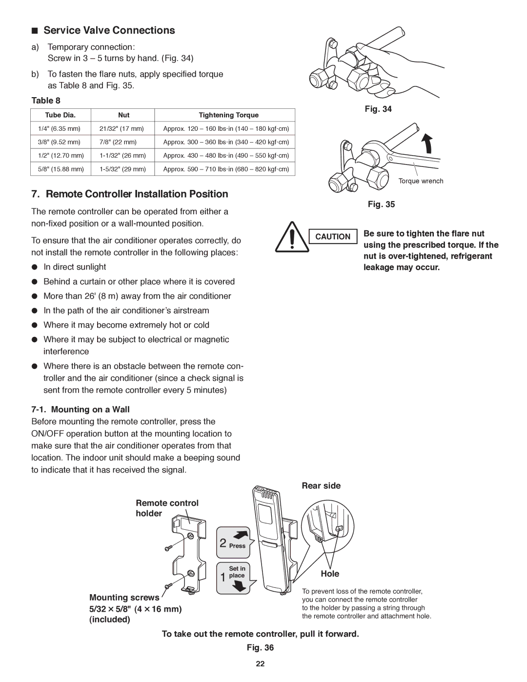 Panasonic CS-KE18NB4UW, CU-KE12NK1, CU-KE18NKU  Service Valve Connections, Remote Controller Installation Position 