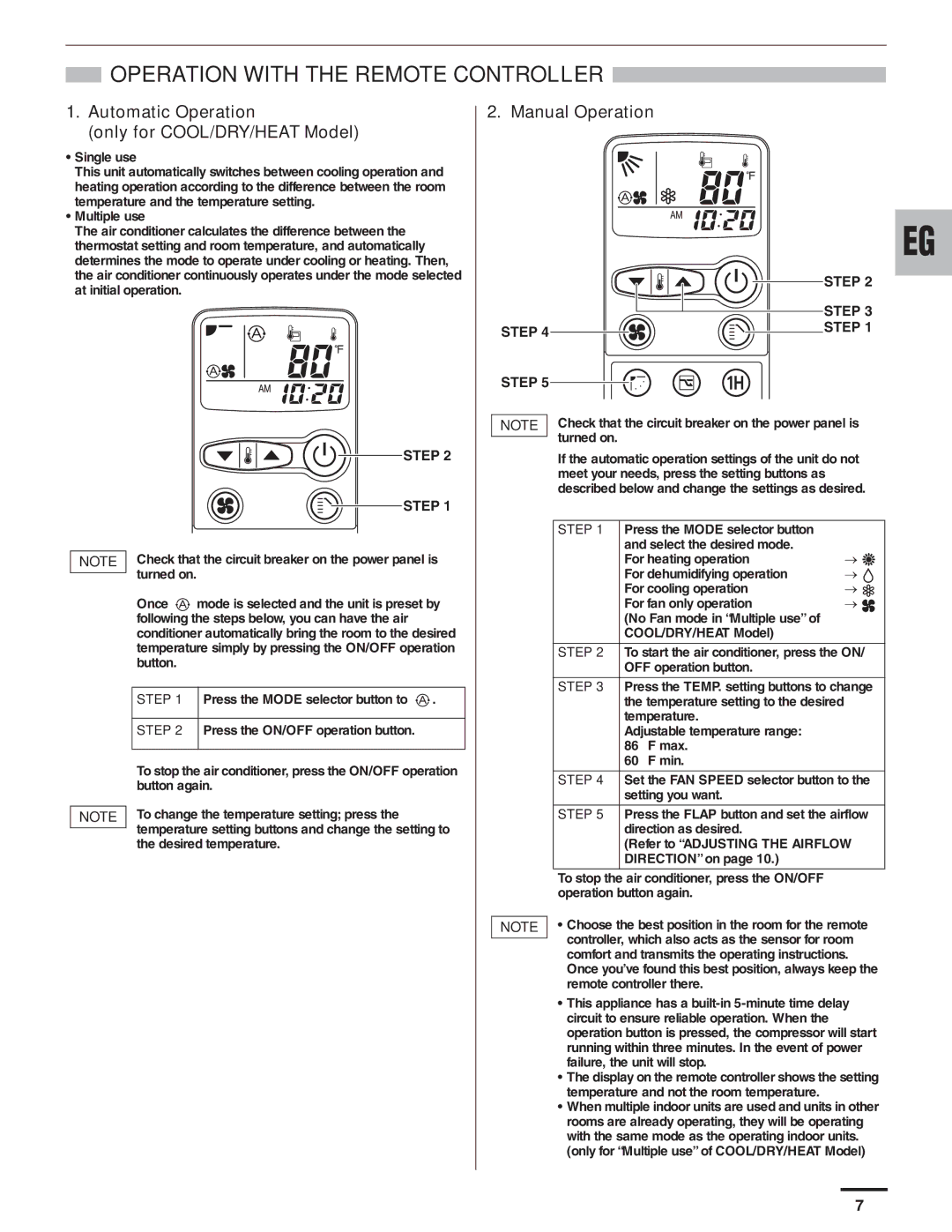 Panasonic CU-KE18NKU, CU-KE12NK1 Operation with the Remote Controller, Automatic Operation Only for COOL/DRY/HEAT Model 