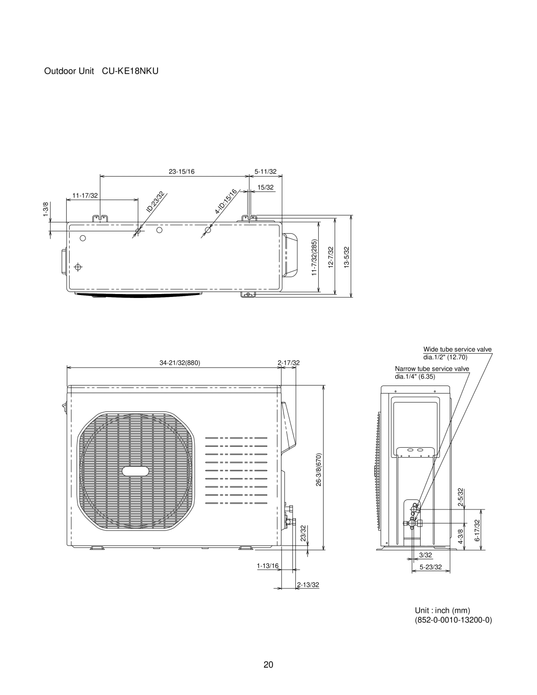 Panasonic CU-KE12NK1, CU-KE18NKU, CS-KE18NB4UW, CS-KE12NB41, CZ-18BT1U service manual Unit inch mm 852-0-0010-13200-0 