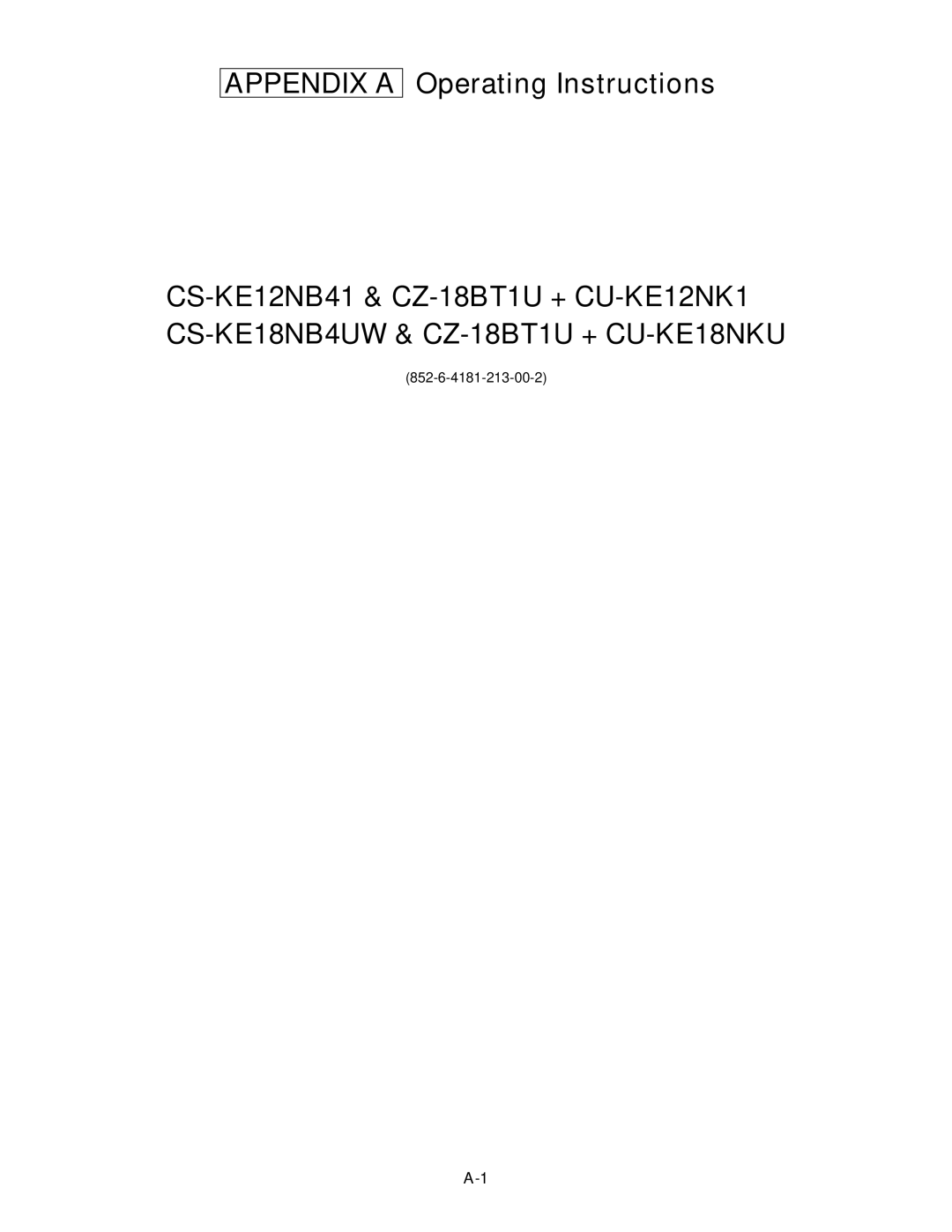 Panasonic CU-KE12NK1, CU-KE18NKU, CS-KE18NB4UW, CS-KE12NB41, CZ-18BT1U service manual Appendix a 