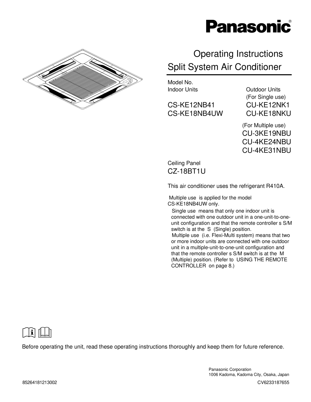 Panasonic service manual CS-KE12NB41CU-KE12NK1 CS-KE18NB4UW CU-KE18NKU, CU-3KE19NBU CU-4KE24NBU CU-4KE31NBU, CZ-18BT1U 