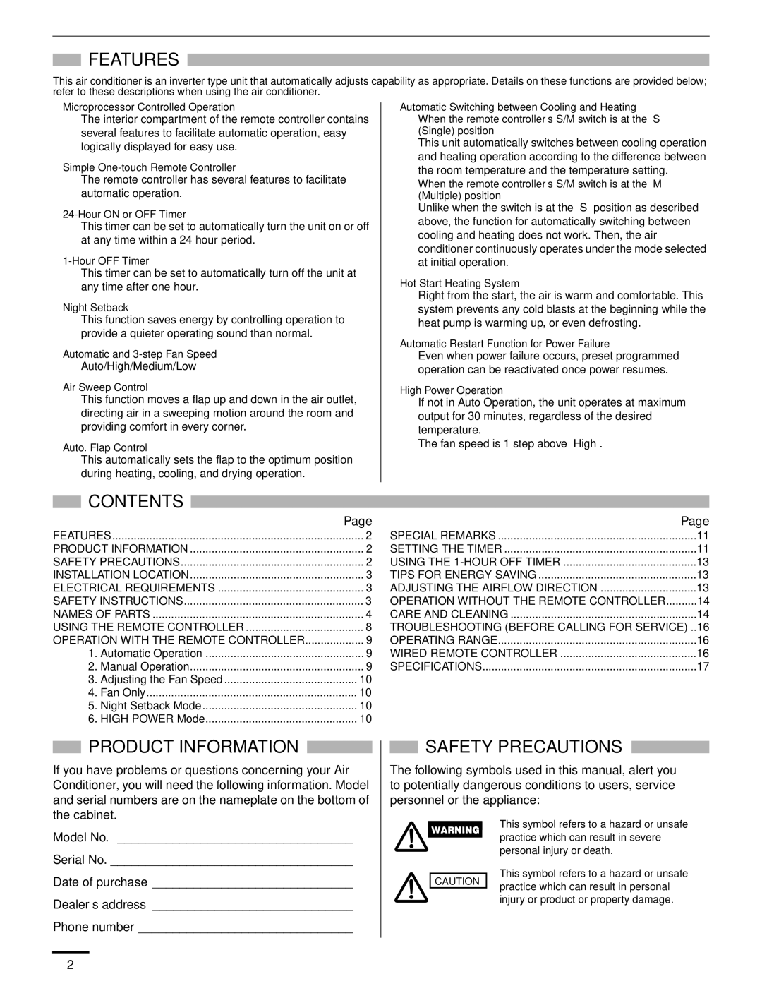 Panasonic CS-KE18NB4UW, CU-KE12NK1, CU-KE18NKU, CS-KE12NB41 Features, Contents, Product Information, Safety Precautions 