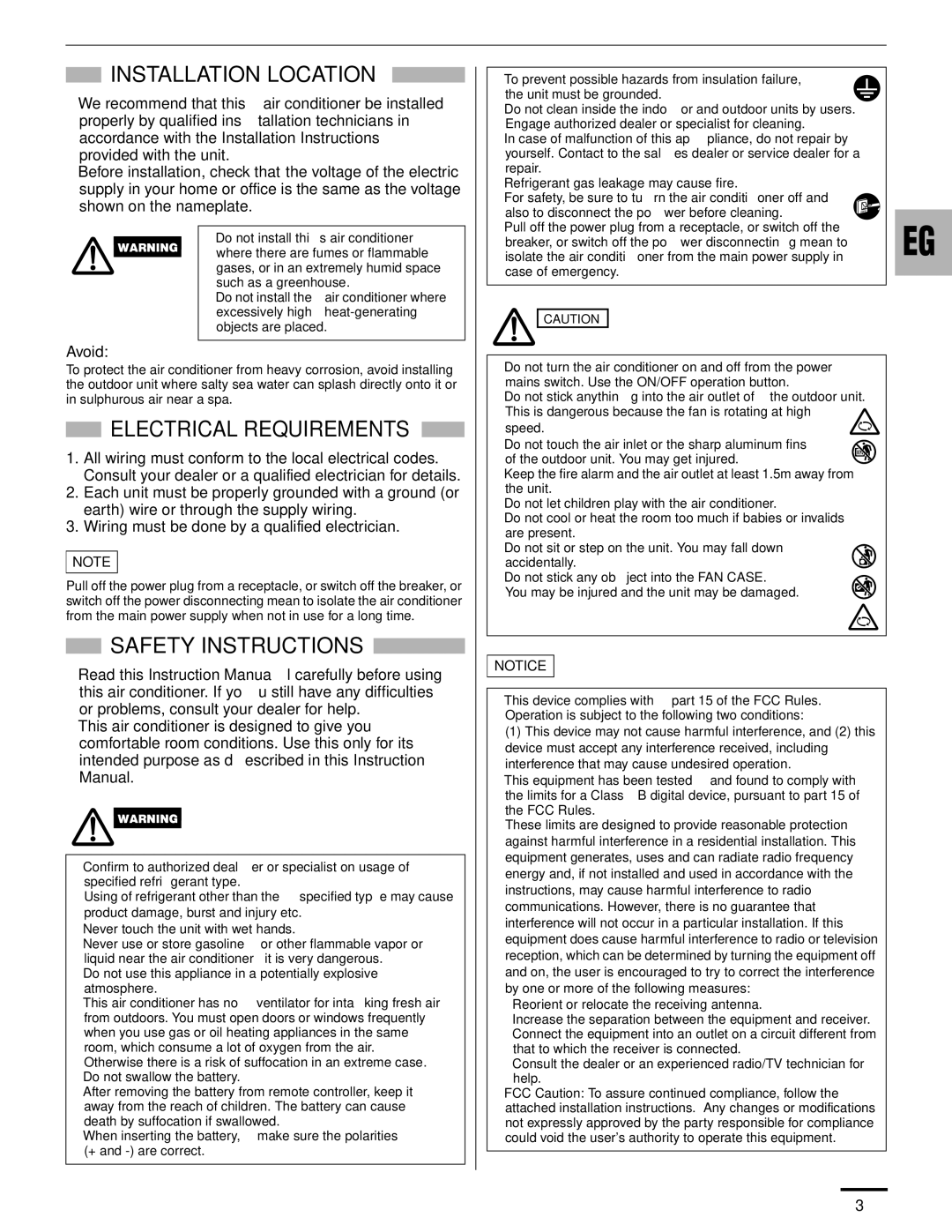 Panasonic CS-KE12NB41, CU-KE12NK1, CU-KE18NKU Installation Location, Electrical Requirements, Safety Instructions, Avoid 