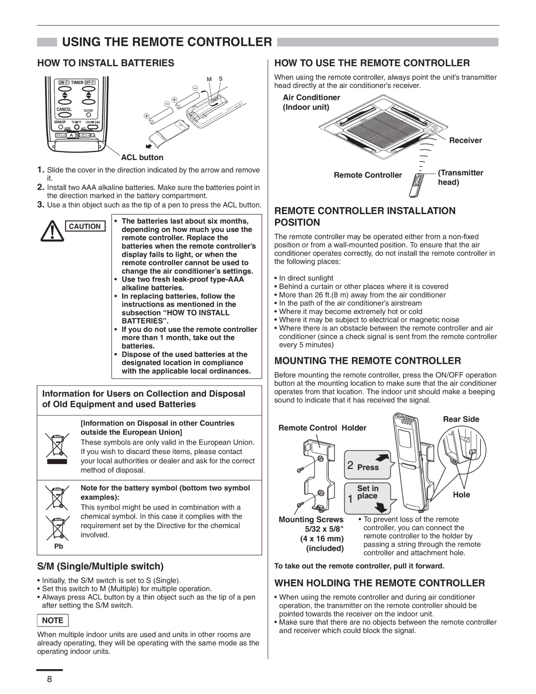 Panasonic CS-KE12NB41, CU-KE12NK1, CU-KE18NKU, CS-KE18NB4UW, CZ-18BT1U Using the Remote Controller, Single/Multiple switch 