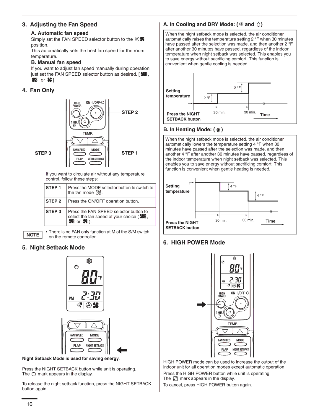 Panasonic CU-KE12NK1, CU-KE18NKU, CS-KE18NB4UW Adjusting the Fan Speed, Fan Only, Night Setback Mode, High Power Mode 