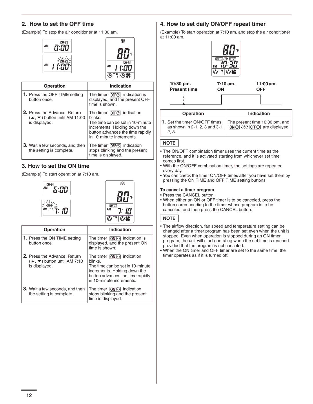 Panasonic CS-KE18NB4UW, CU-KE12NK1 How to set the OFF time, How to set the on time, How to set daily ON/OFF repeat timer 