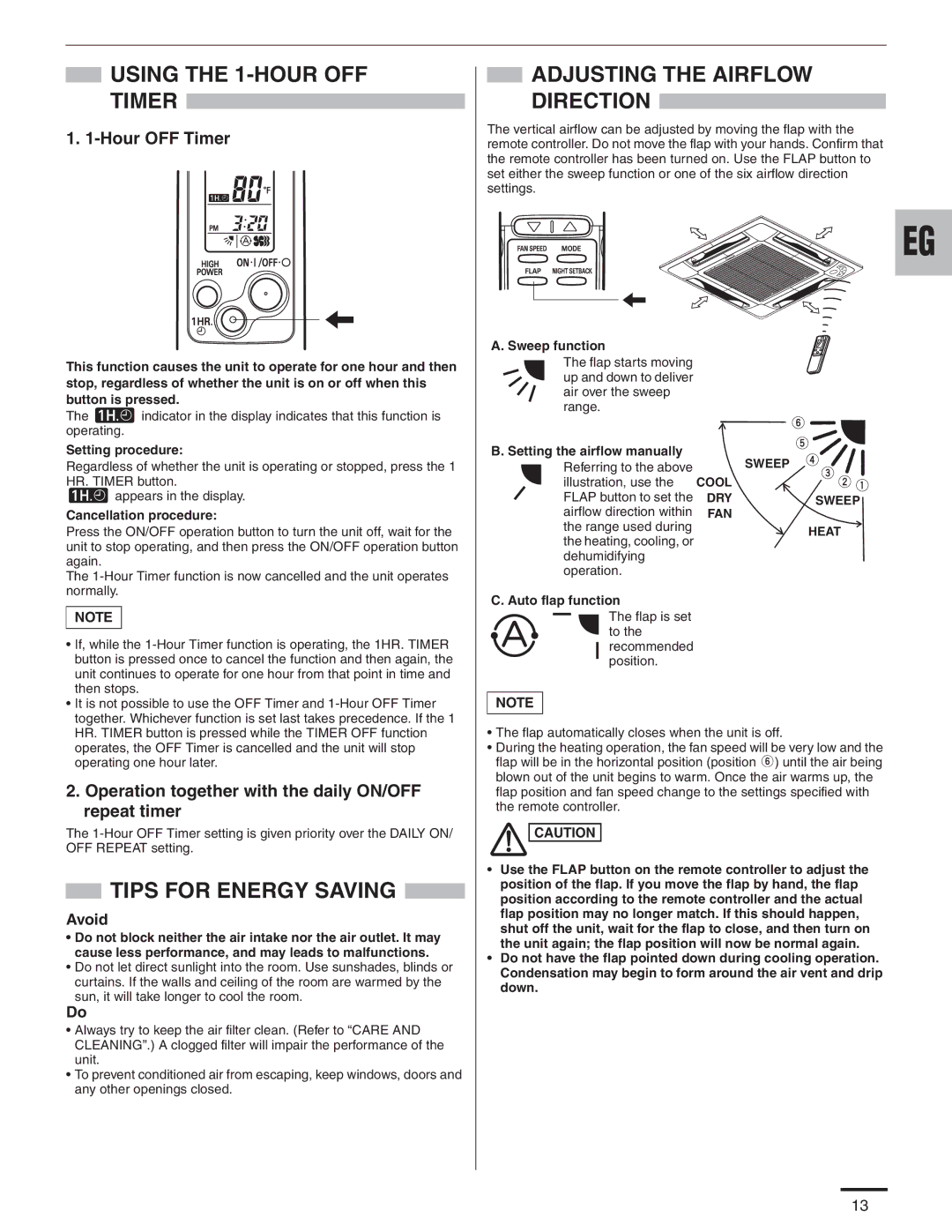 Panasonic CS-KE12NB41 Using the 1-HOUR OFF Timer, Adjusting the Airflow Direction, Tips for Energy Saving, Hour OFF Timer 