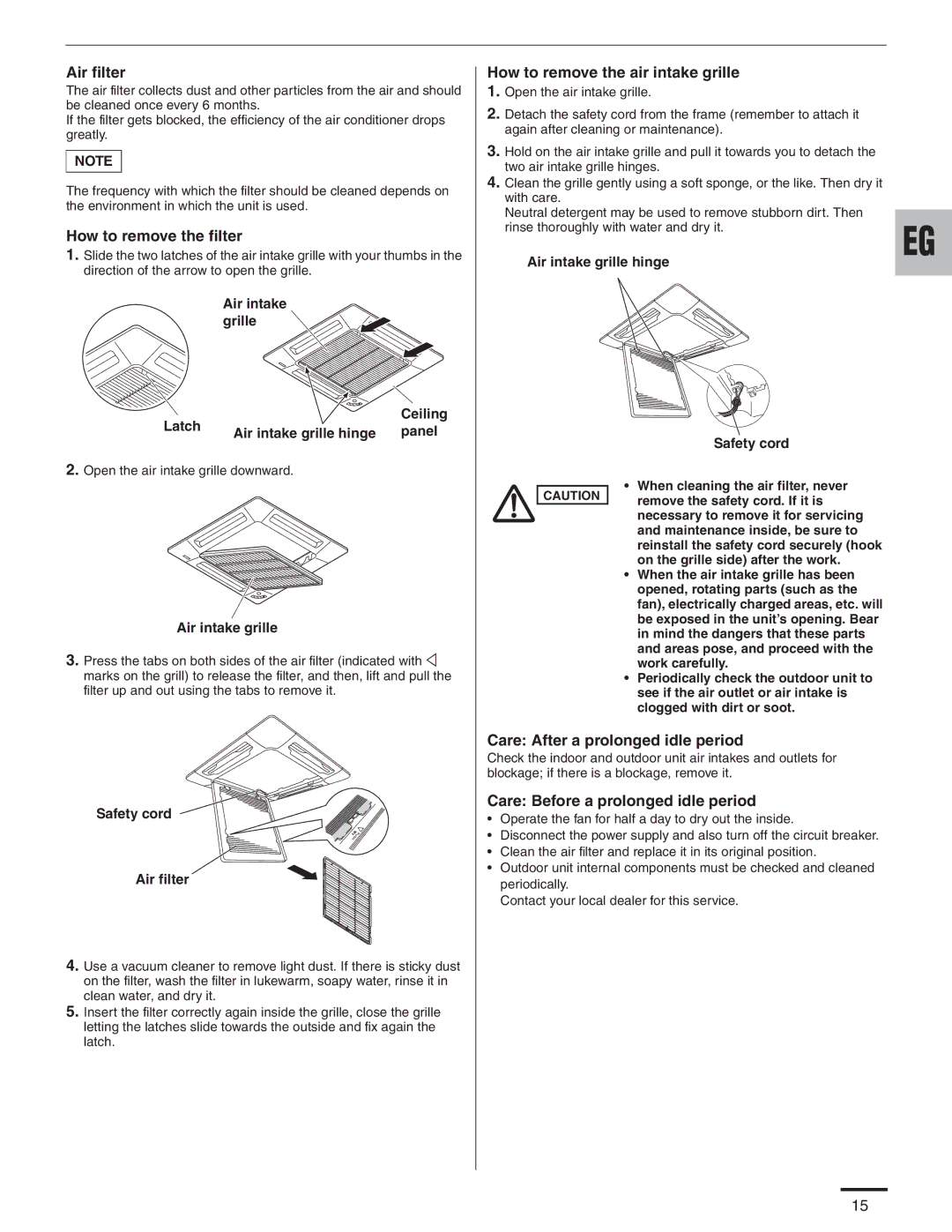 Panasonic CU-KE12NK1, CU-KE18NKU, CS-KE18NB4UW Air filter, How to remove the filter, How to remove the air intake grille 