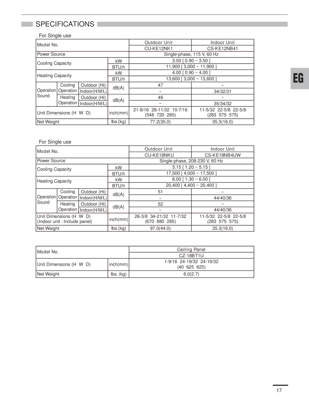 Panasonic CS-KE18NB4UW, CU-KE12NK1 Specifications, For Single use, Model No Outdoor Unit Indoor Unit, CS-KE12NB41 