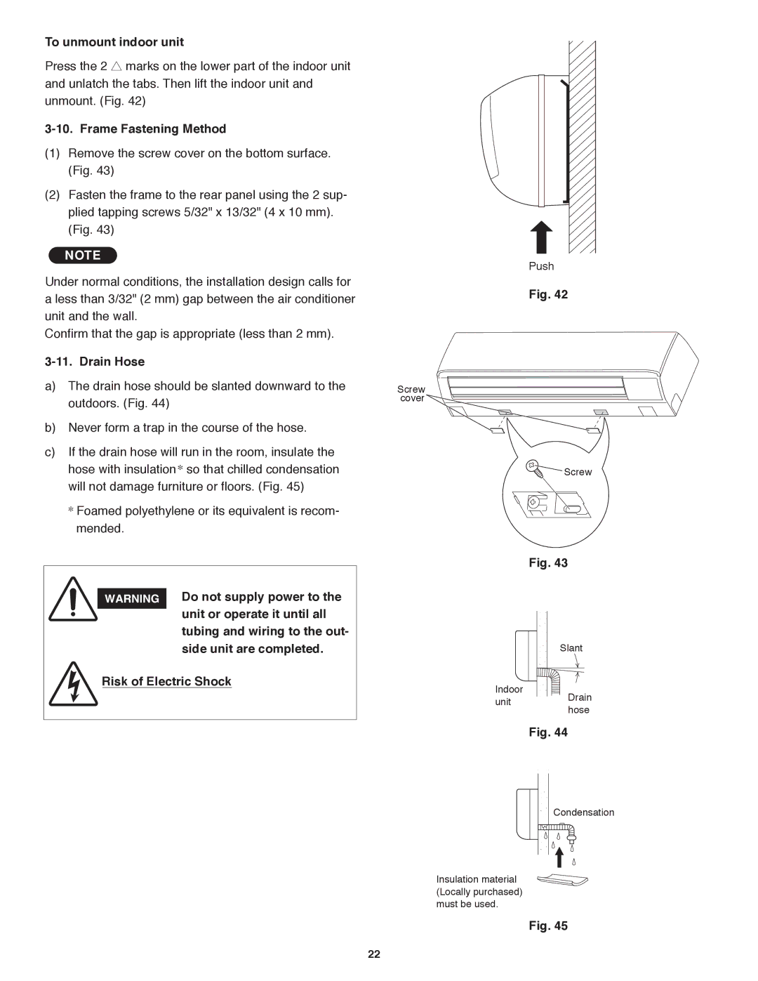 Panasonic CS-KE36NKU To unmount indoor unit, Frame Fastening Method, Do not supply power to, Unit or operate it until all 