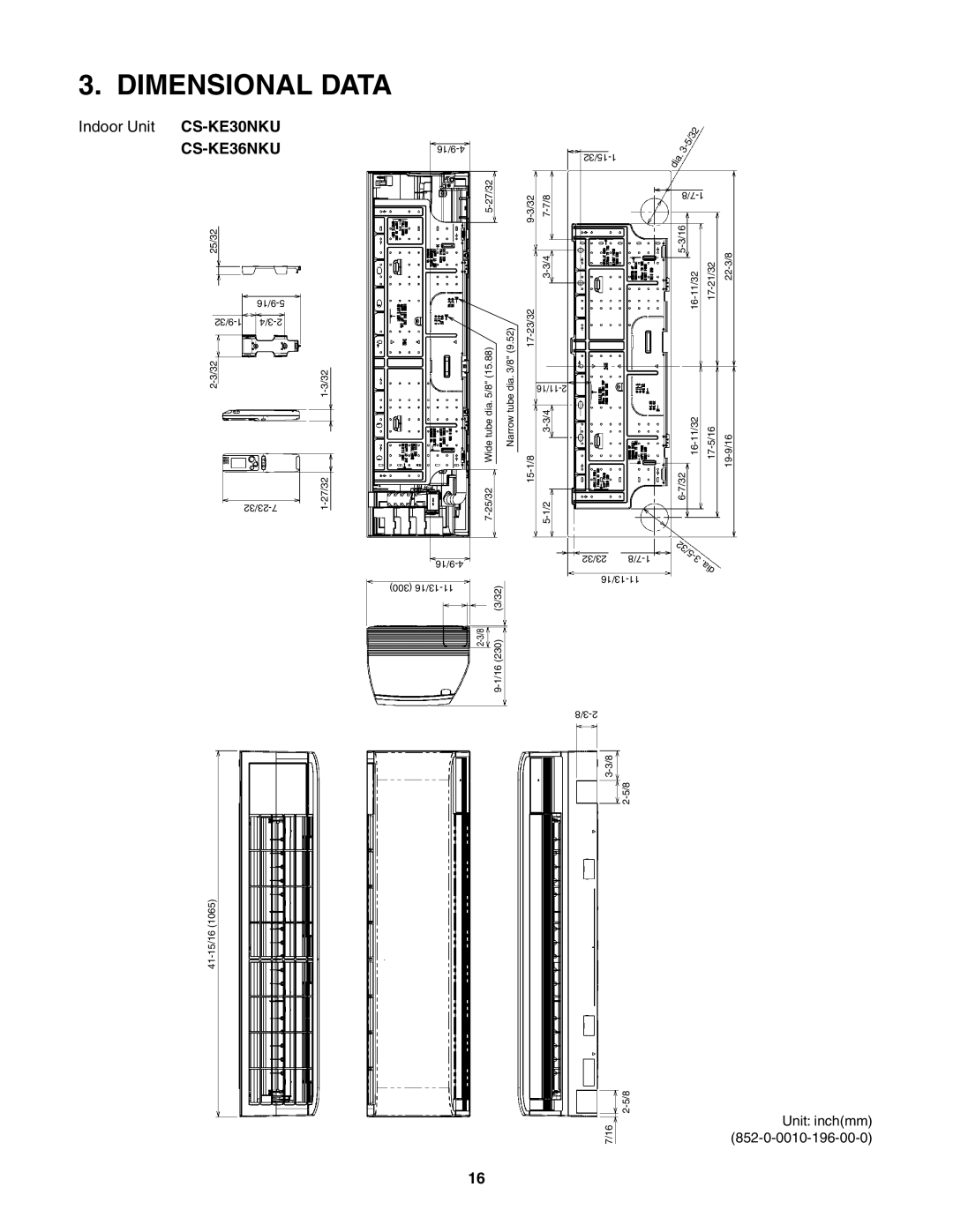 Panasonic CU-KE36NKU, CU-KE30NKU, CS-KE36NKU service manual Dimensional Data, Indoor Unit CS-KE30NKU 