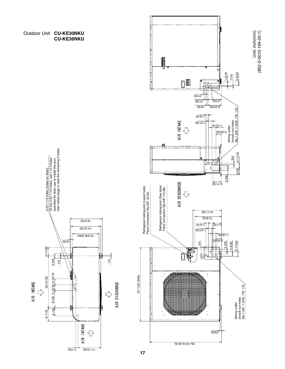 Panasonic CU-KE30NKU, CU-KE36NKU, CS-KE36NKU, CS-KE30NKU service manual Inchmm 194-00-1 Unit 