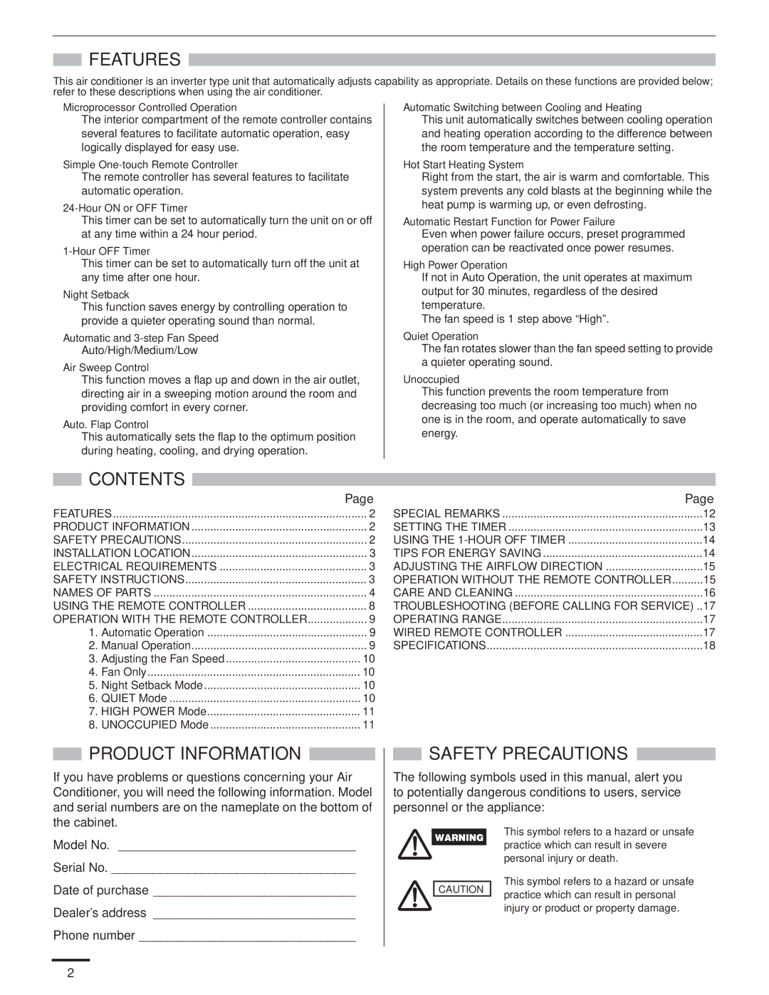 Panasonic CS-KE36NKU, CU-KE36NKU, CU-KE30NKU, CS-KE30NKU Features, Contents, Product Information, Safety Precautions 