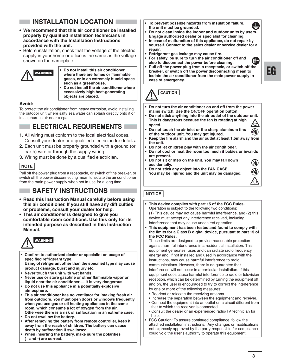 Panasonic CS-KE30NKU, CU-KE36NKU, CU-KE30NKU Installation Location, Electrical Requirements, Safety Instructions, Avoid 