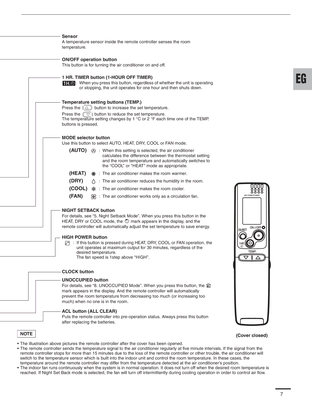 Panasonic CS-KE30NKU Sensor, ON/OFF operation button, HR. Timer button 1-HOUR OFF Timer, Temperature setting buttons Temp 