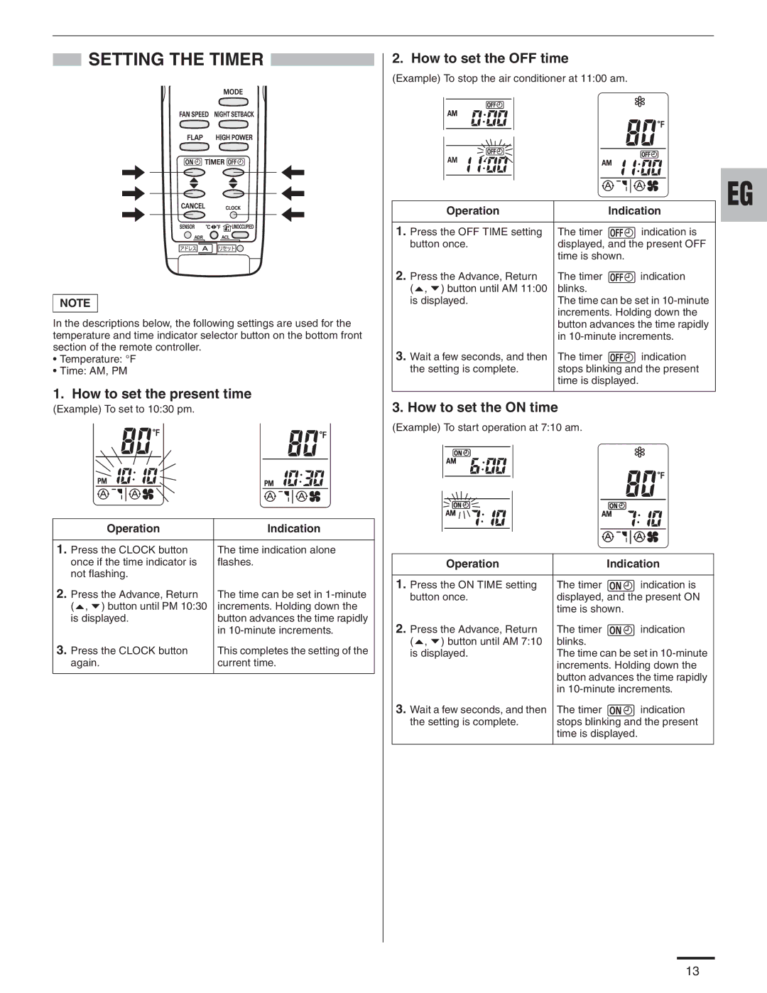 Panasonic CU-KE30NKU, CU-KE36NKU, CS-KE36NKU, CS-KE30NKU service manual Setting the Timer, Operation Indication 