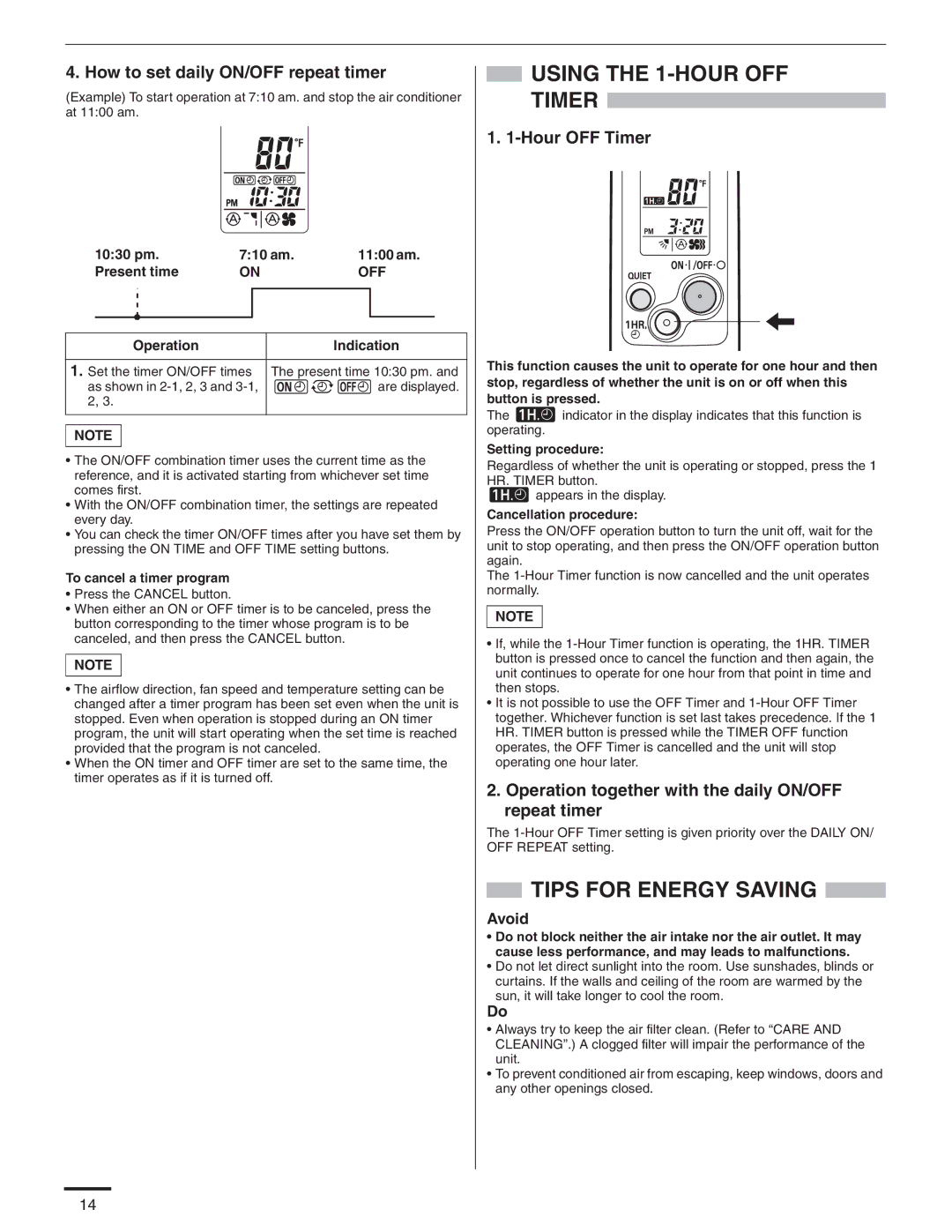 Panasonic CS-KE36NKU, CU-KE36NKU Using the 1-HOUR OFF Timer, Tips for Energy Saving, 1030 pm 710 am 1100 am Present time 