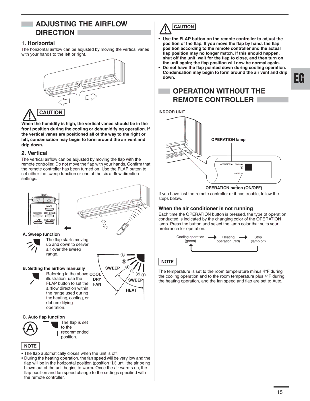 Panasonic CS-KE30NKU, CU-KE36NKU, CU-KE30NKU Adjusting the Airflow Direction, When the air conditioner is not running 