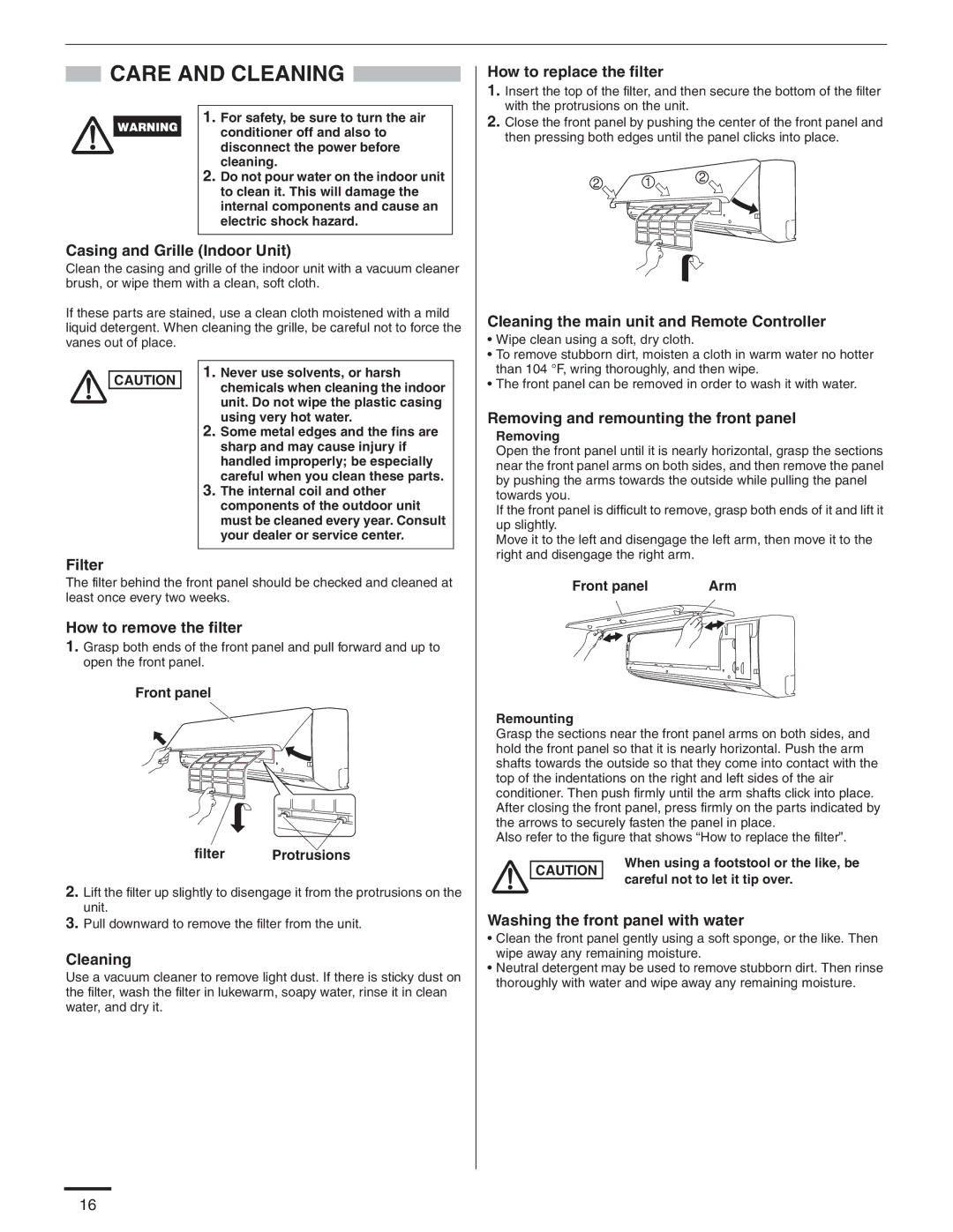 Panasonic CU-KE36NKU, CU-KE30NKU How to replace the filter, Cleaning the main unit and Remote Controller, Front panel Arm 