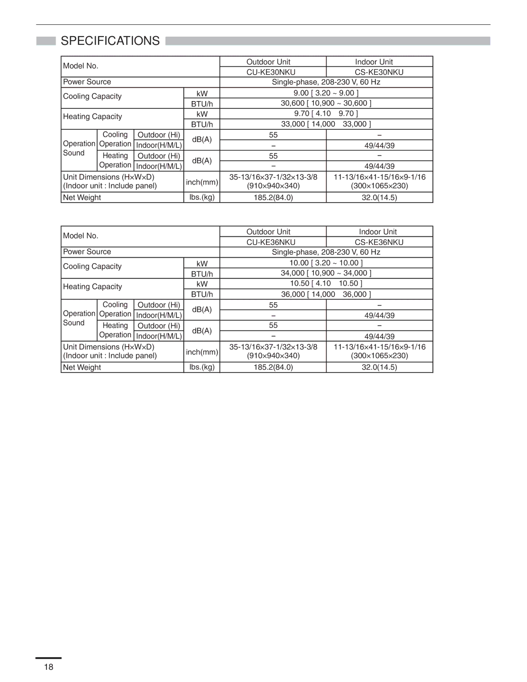 Panasonic CS-KE36NKU, CU-KE36NKU, CU-KE30NKU, CS-KE30NKU service manual Specifications, Model No Outdoor Unit Indoor Unit 