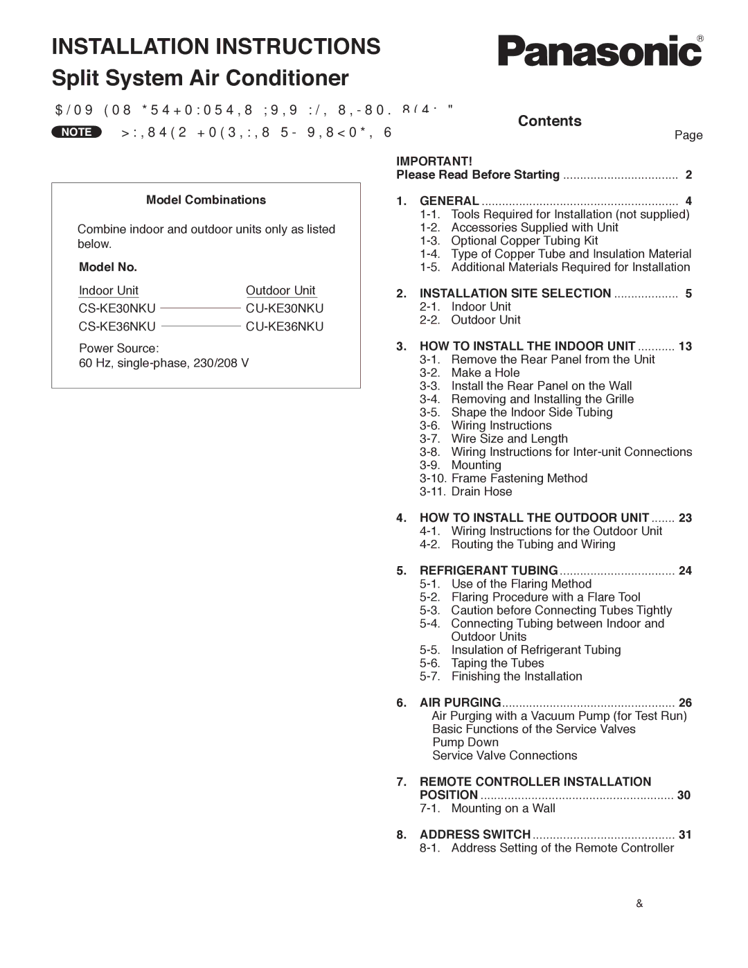 Panasonic CU-KE30NKU, CU-KE36NKU, CS-KE36NKU, CS-KE30NKU Installation Instructions Split System Air Conditioner, Contents 