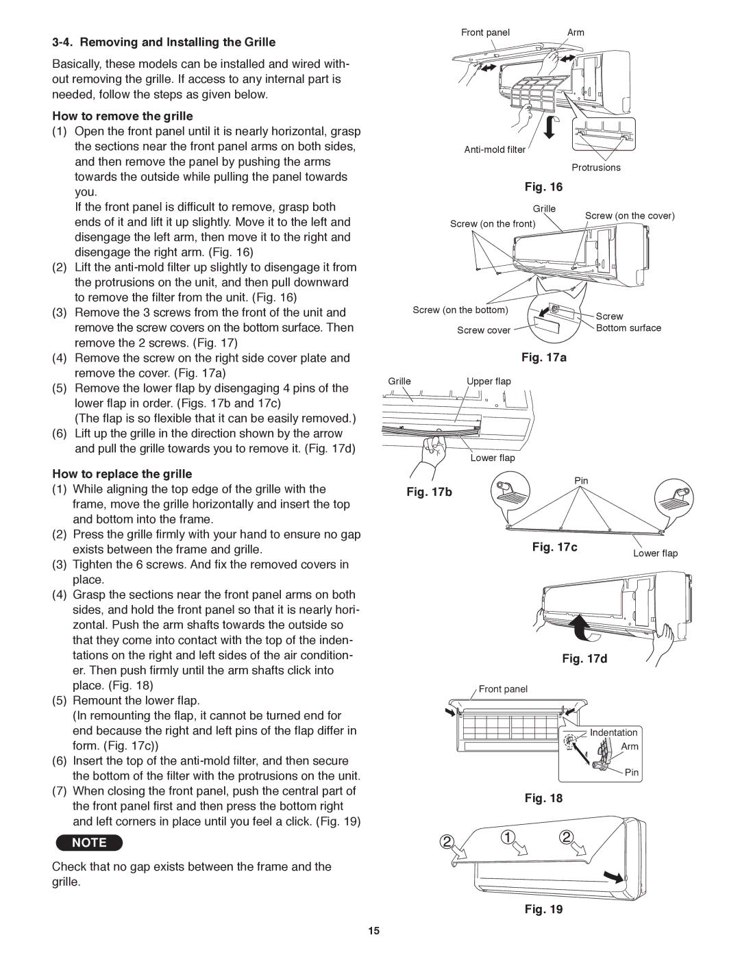 Panasonic CS-KE30NKU, CU-KE36NKU Removing and Installing the Grille, How to remove the grille, How to replace the grille 