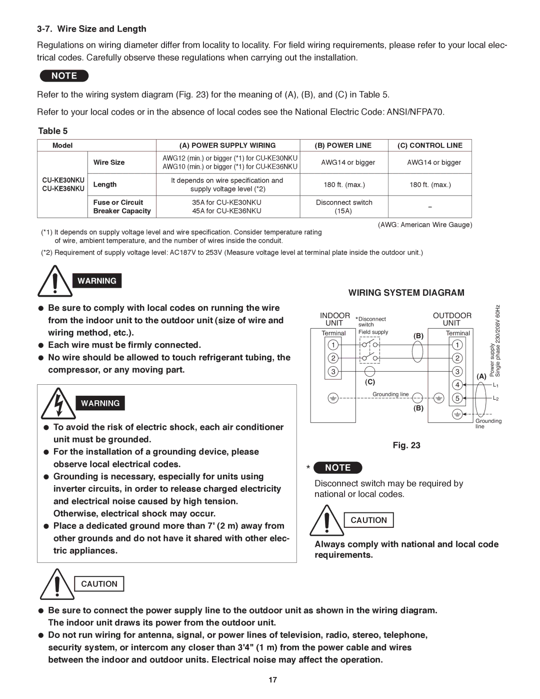 Panasonic CU-KE30NKU, CU-KE36NKU, CS-KE36NKU, CS-KE30NKU service manual Wire Size and Length 