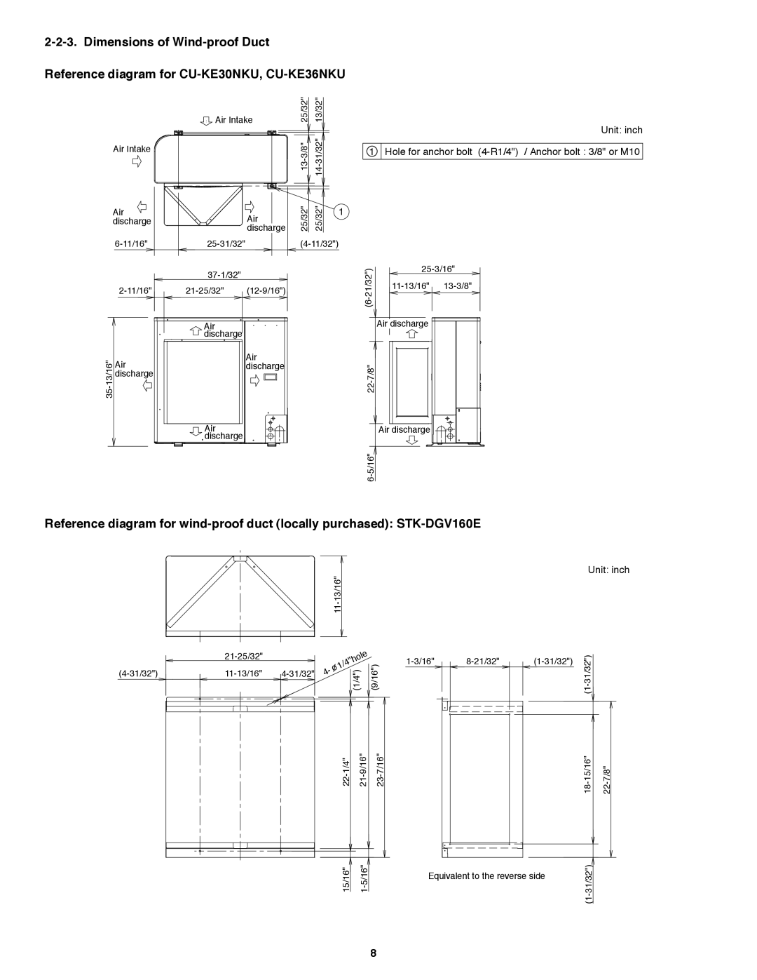 Panasonic CS-KE36NKU, CS-KE30NKU Dimensions of Wind-proofDuct, Reference diagram for CU-KE30NKU, CU-KE36NKU, Unit: inch 