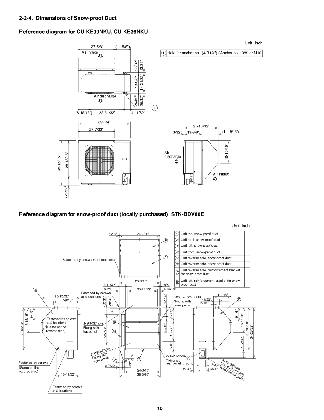 Panasonic CS-KE36NKU, CS-KE30NKU service manual Dimensions of Snow-proofDuct, Reference diagram for CU-KE30NKU, CU-KE36NKU 