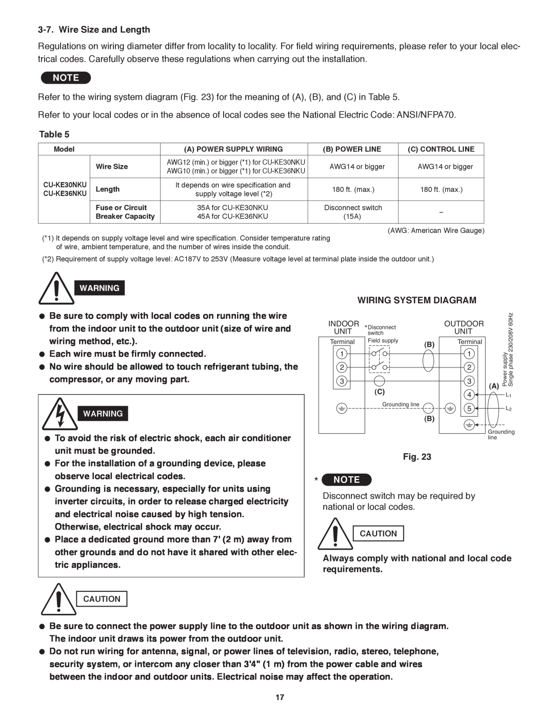 Panasonic CU-KE30NKU, CU-KE36NKU, CS-KE36NKU, CS-KE30NKU service manual Wire Size and Length 
