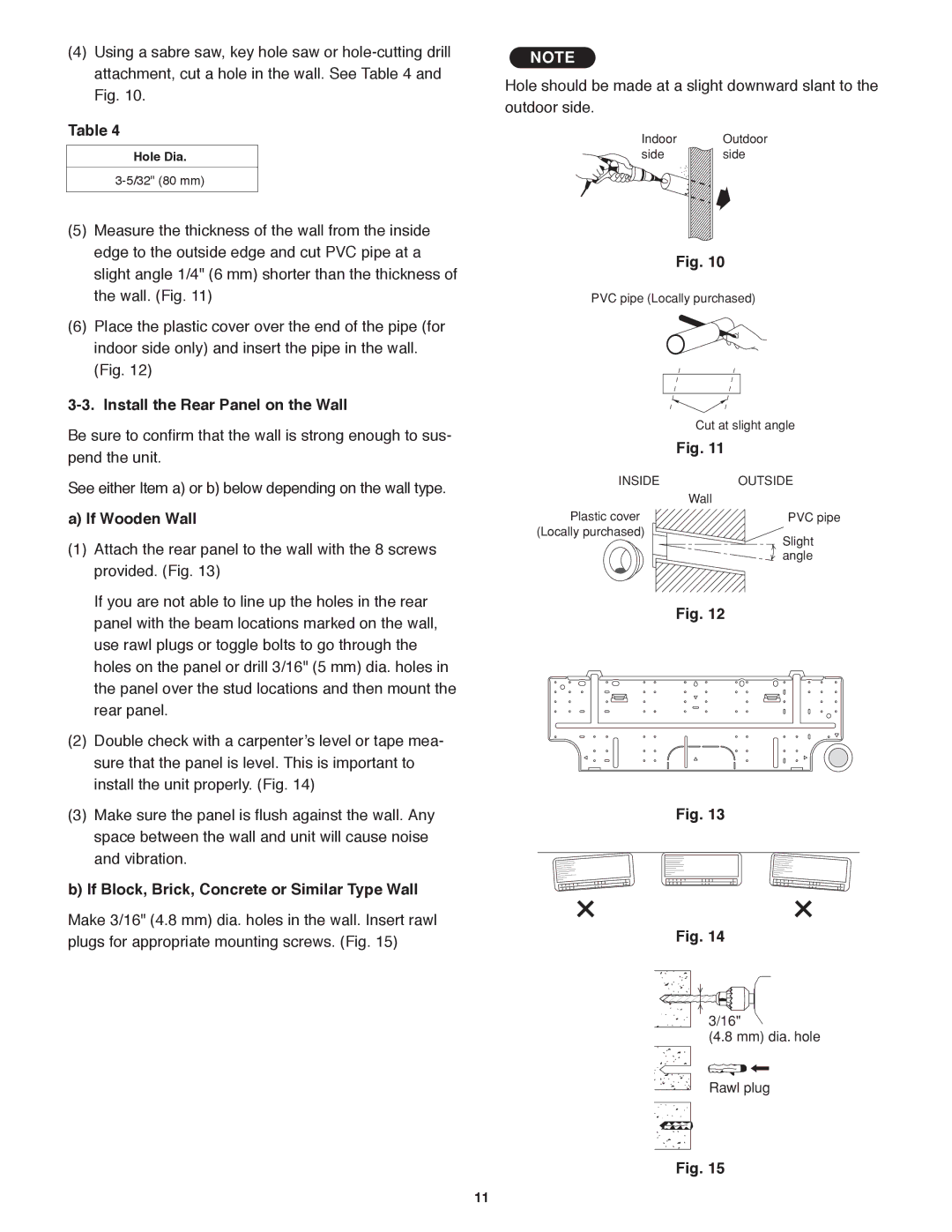 Panasonic CS-KS18NKU Install the Rear Panel on the Wall, If Wooden Wall, If Block, Brick, Concrete or Similar Type Wall 