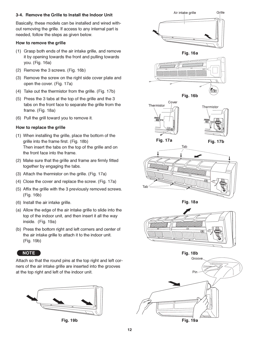 Panasonic CU-KS18NKU Remove the Grille to Install the Indoor Unit, How to remove the grille, How to replace the grille 