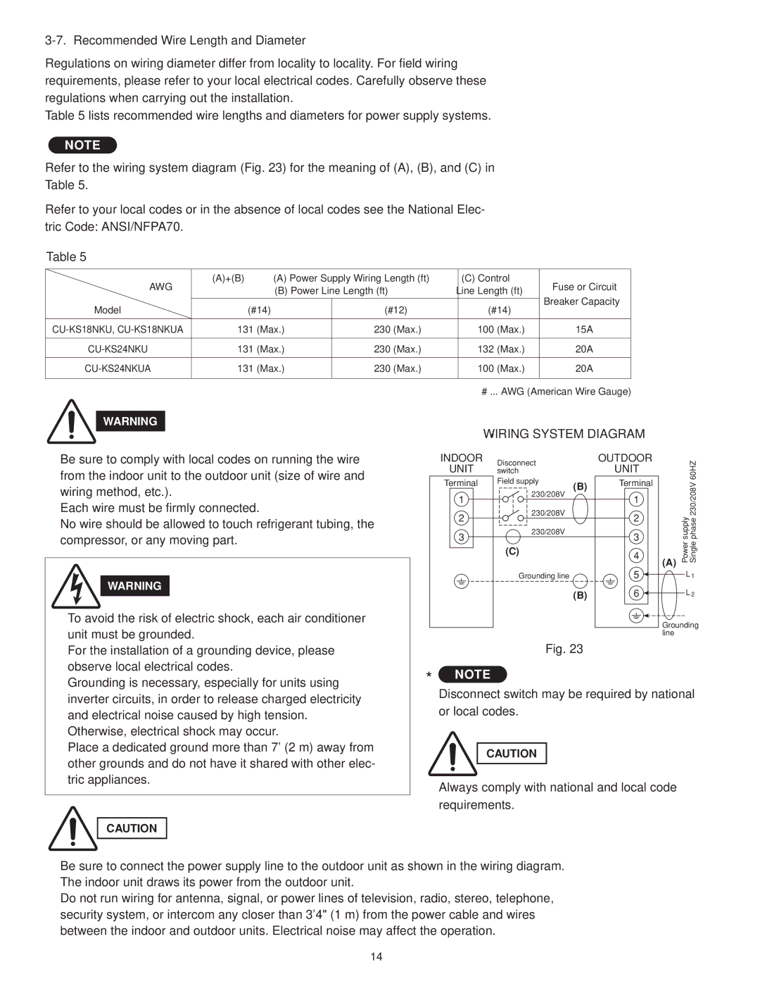 Panasonic CU-KS18NKU, CS-KS18NKU service manual Recommended Wire Length and Diameter, Wiring System Diagram 