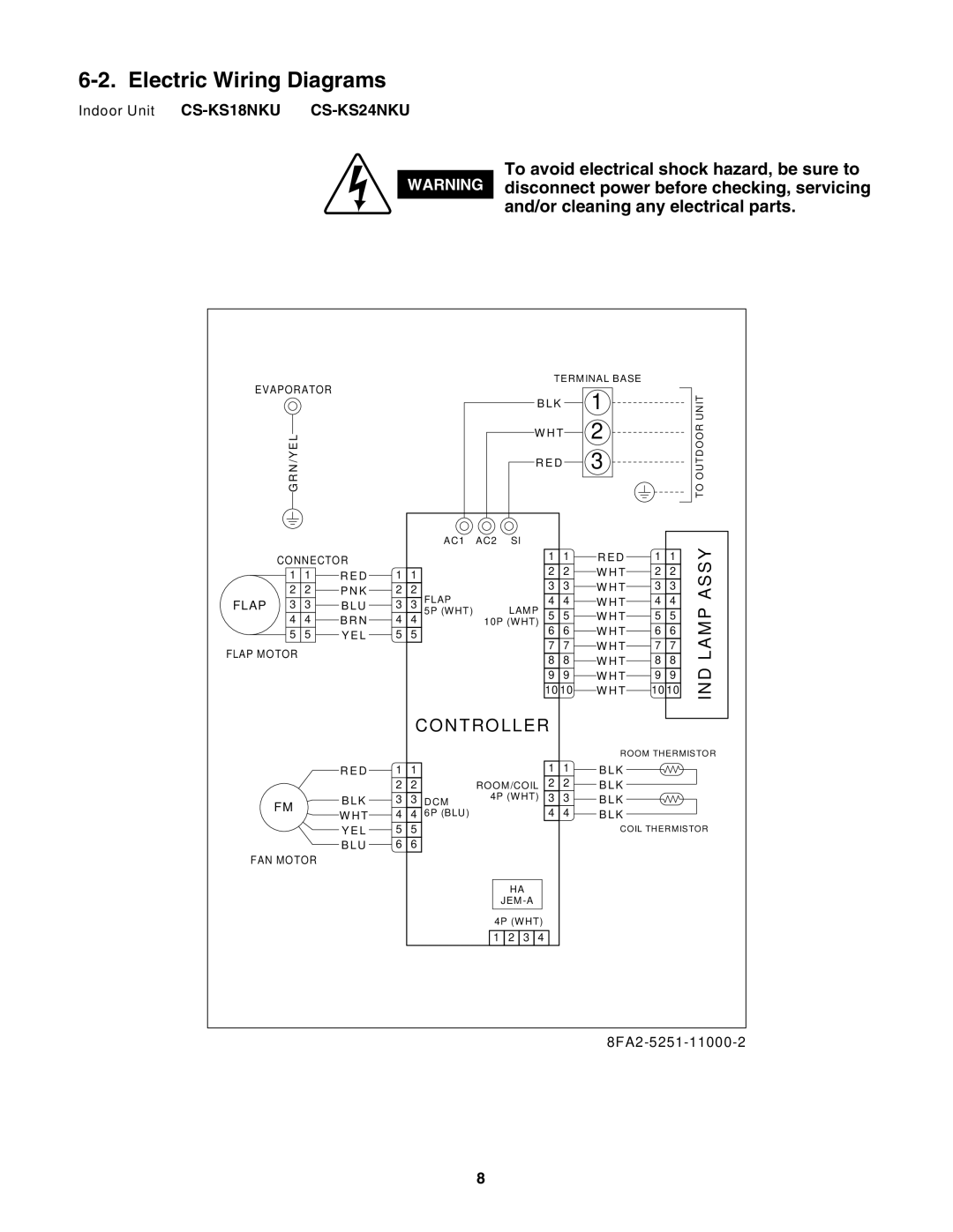 Panasonic CU-KS18NKU service manual Electric Wiring Diagrams, Indoor Unit CS-KS18NKU CS-KS24NKU, 8FA2-5251-11000-2 