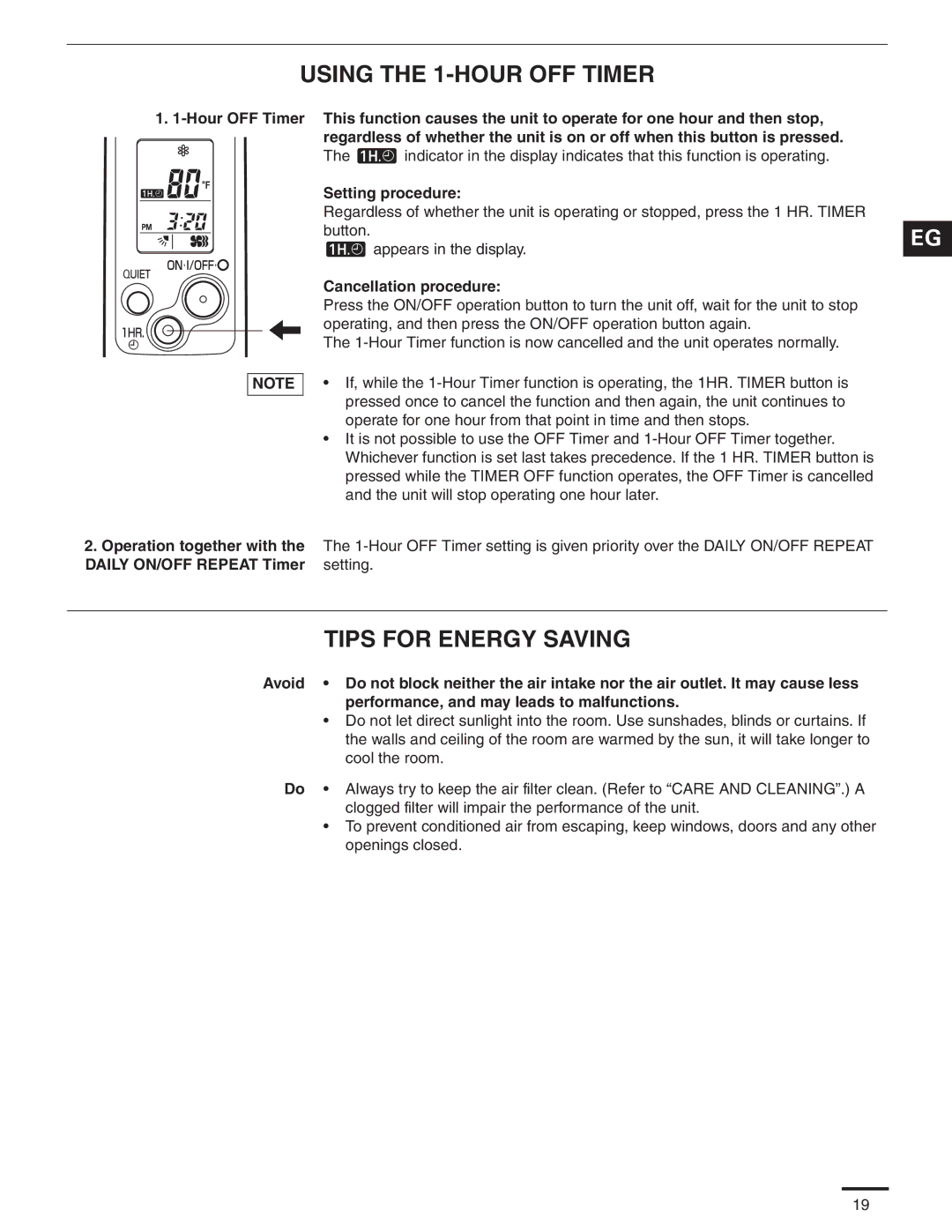 Panasonic CS-KS18NKU Using the 1-HOUR OFF Timer, Tips for Energy Saving, Setting procedure, Cancellation procedure 