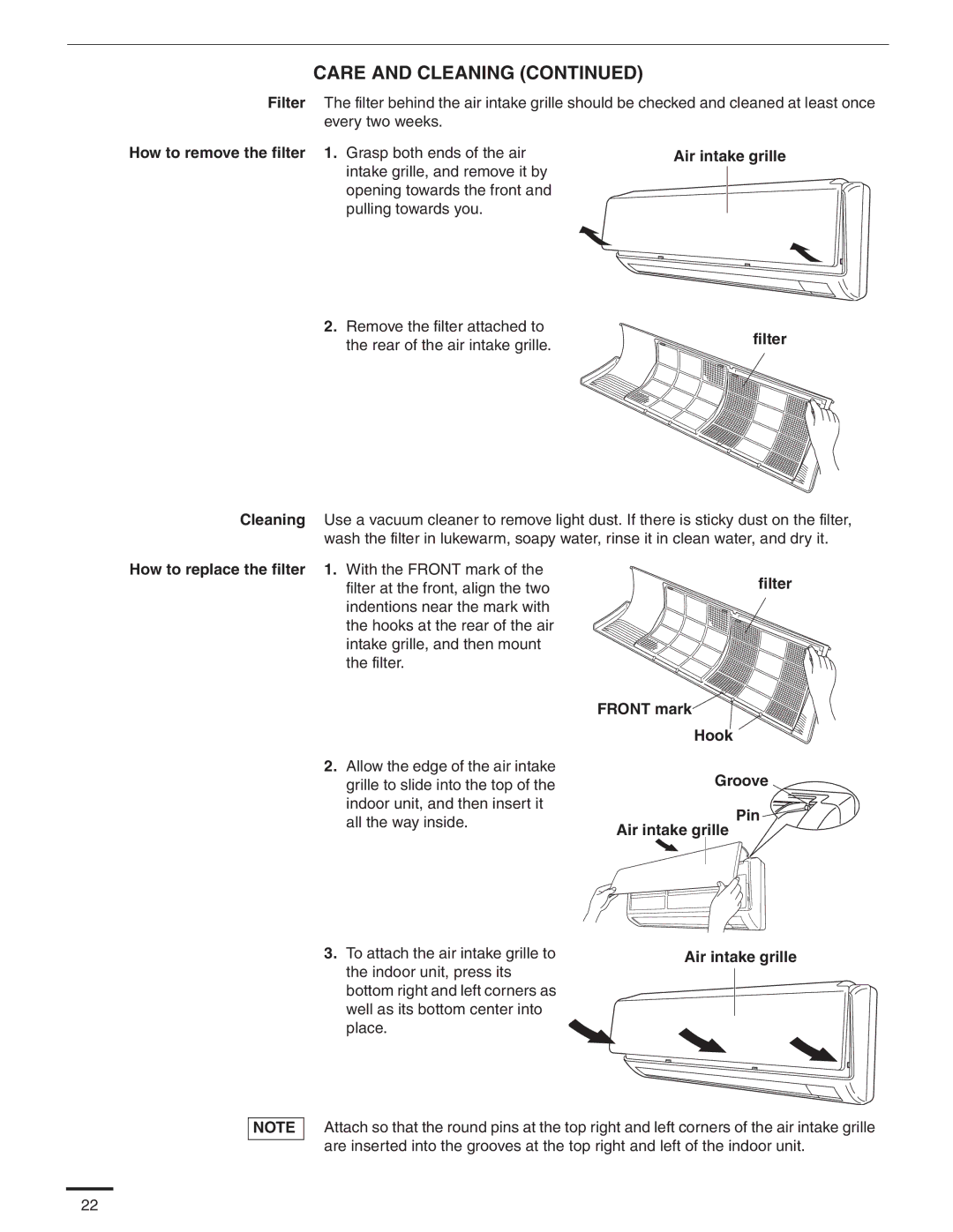 Panasonic CU-KS18NKU, CS-KS18NKU How to remove the filter 1. Grasp both ends of the air, Groove Pin Air intake grille 