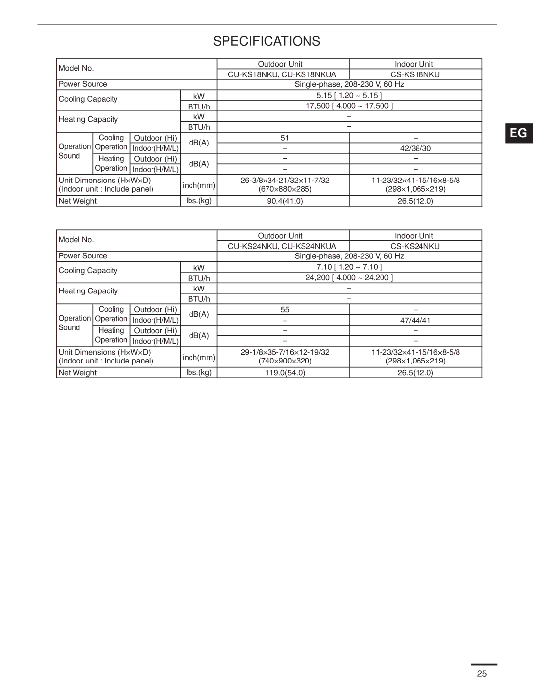 Panasonic service manual Specifications, CU-KS18NKU, CU-KS18NKUA CS-KS18NKU 