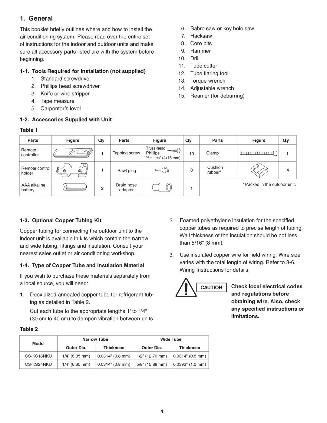 Panasonic CU-KS18NKU General, Tools Required for Installation not supplied, Accessories Supplied with Unit Table 