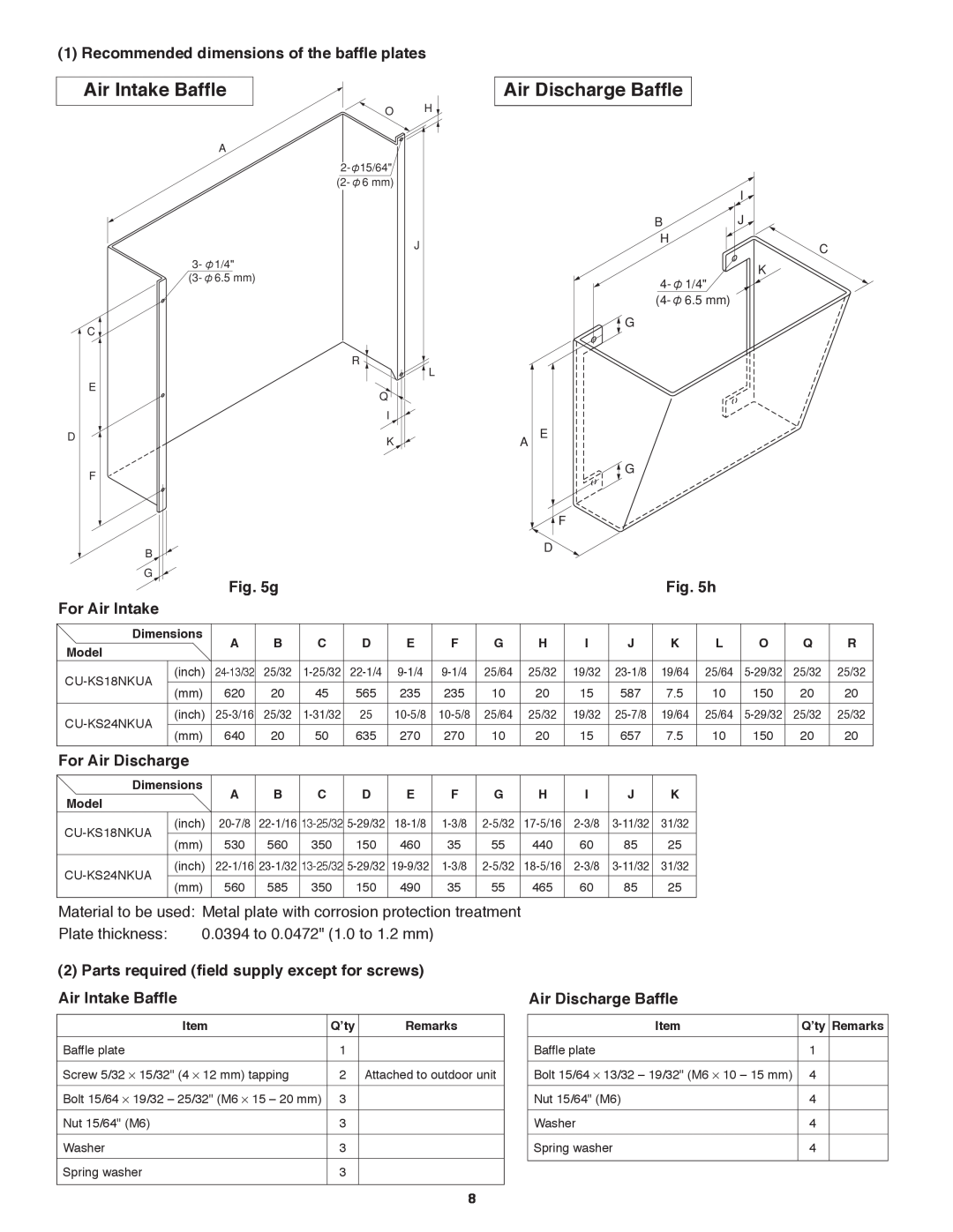 Panasonic CU-KS18NKU, CS-KS18NKU Air Intake Baffle, Air Discharge Baffle, Recommended dimensions of the baffle plates 