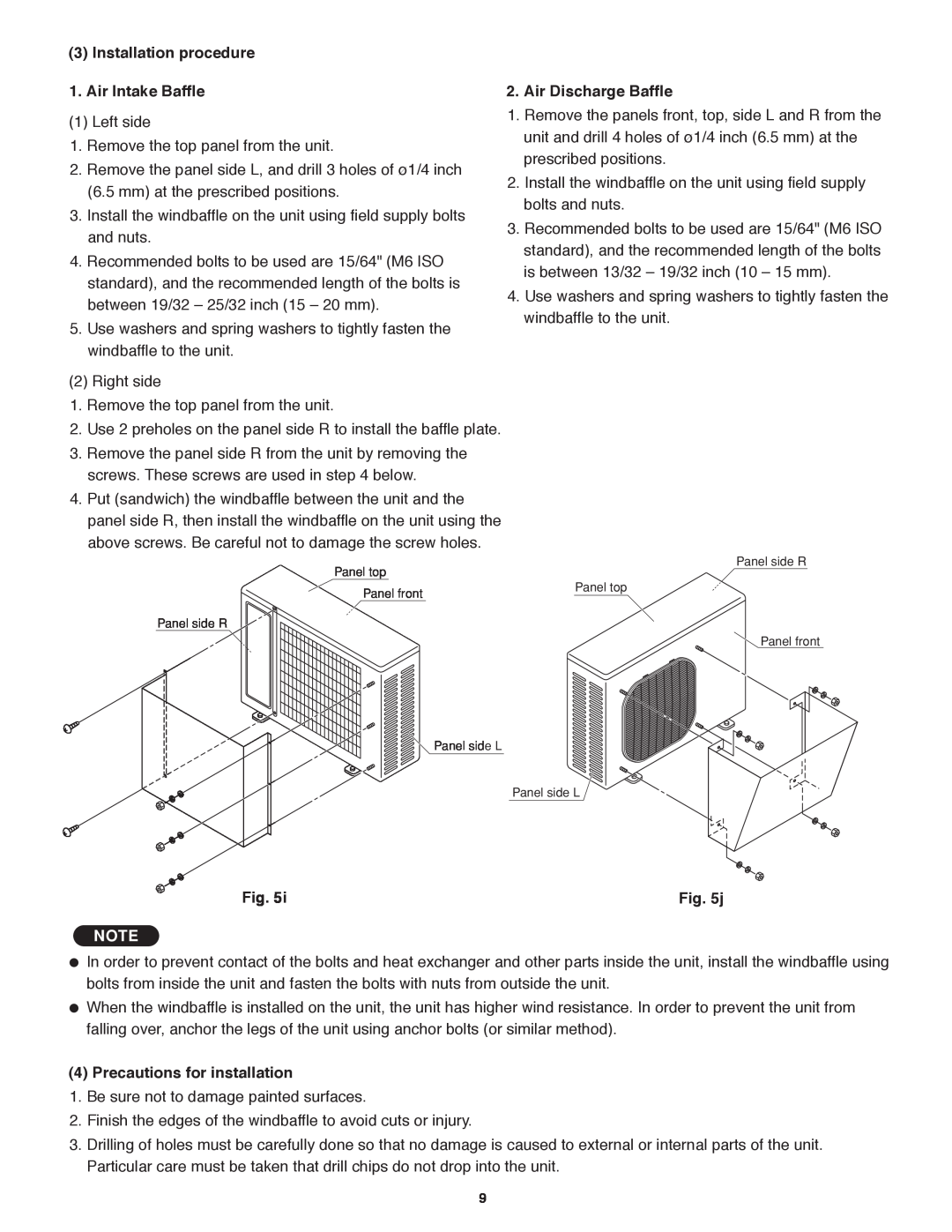 Panasonic CS-KS18NKU Installation procedure, Air Intake Baffle, Air Discharge Baffle, Fig, Precautions for installation 