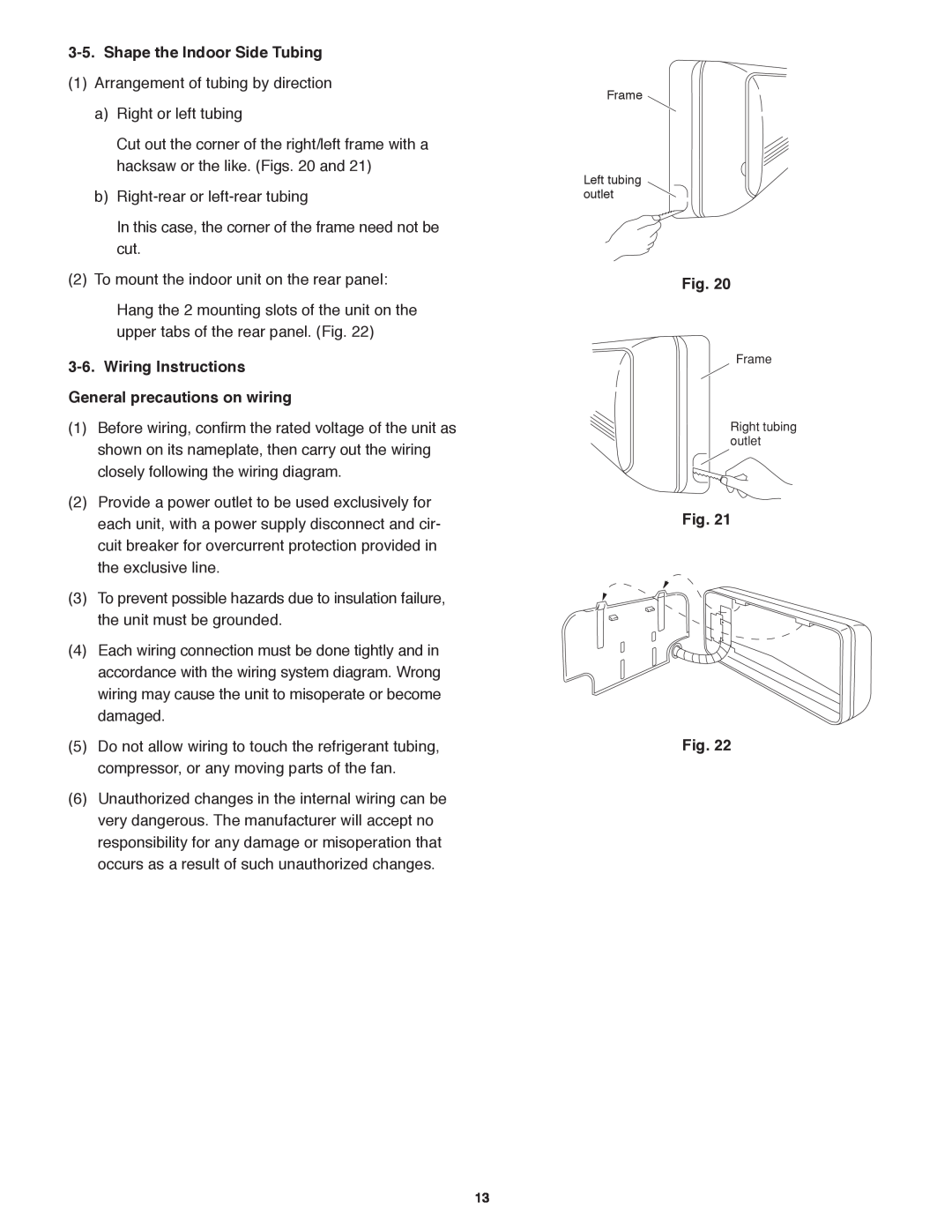 Panasonic CS-KS18NKU Shape the Indoor Side Tubing, Wiring Instructions, General precautions on wiring, Fig. Fig 