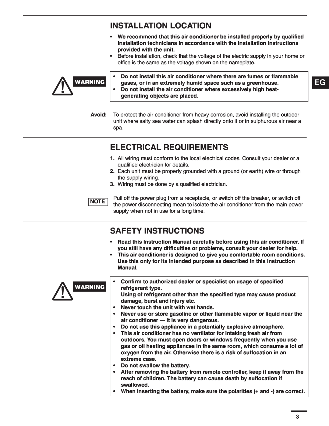 Panasonic CS-KS18NKU, CU-KS18NKU service manual Installation Location, Electrical Requirements, Safety Instructions 