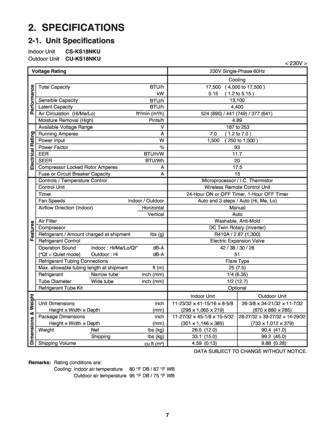Panasonic CS-KS18NKU, CU-KS18NKU service manual Unit Specifications, Voltage Rating, ical, Electr 