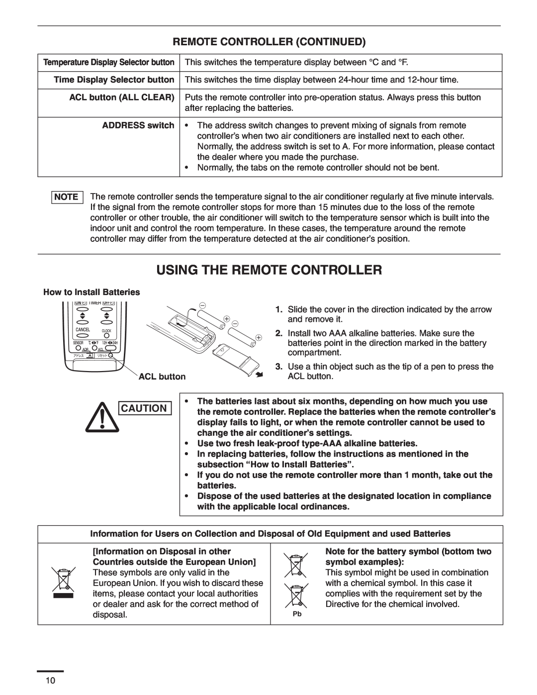 Panasonic CU-KS18NKU, CS-KS18NKU service manual Using The Remote Controller, Remote Controller Continued 