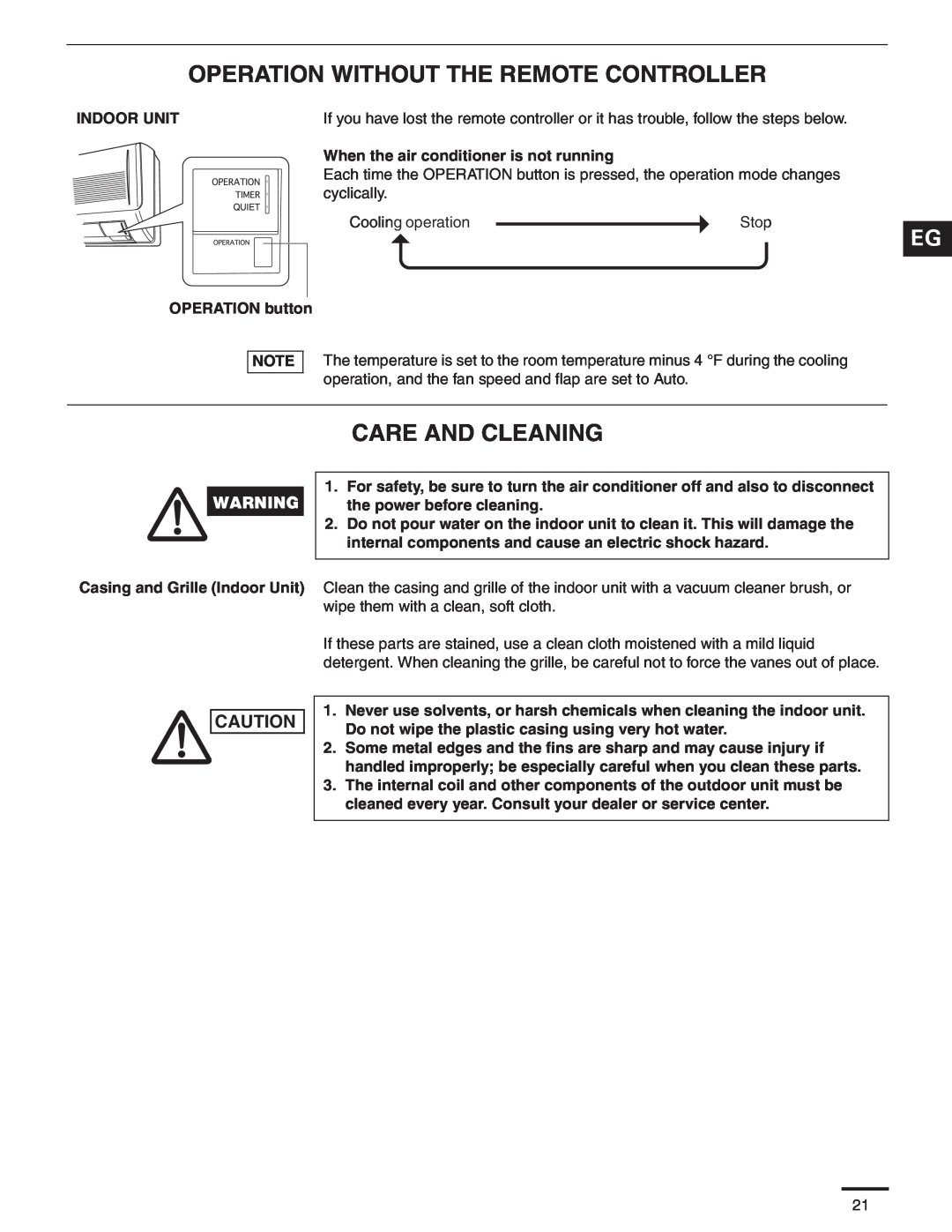 Panasonic CS-KS18NKU, CU-KS18NKU service manual Operation Without The Remote Controller, Care And Cleaning 
